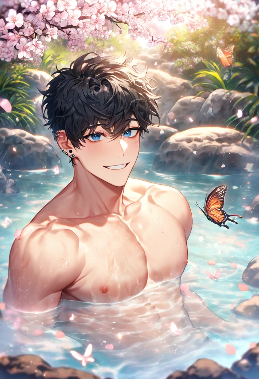 absurdres, highres, ultra detailed, HDR, master piece, best quality, extremely detailed face, delicated features, Kim Dokja, black hair, expressive brown eyes, omniscient reader's viewpoint, solo, sexy man, handsome, handsome smile, bare chest, toned chest, without shirt, fantasy, magical, butterflies, summer, green leaves, flowers, water