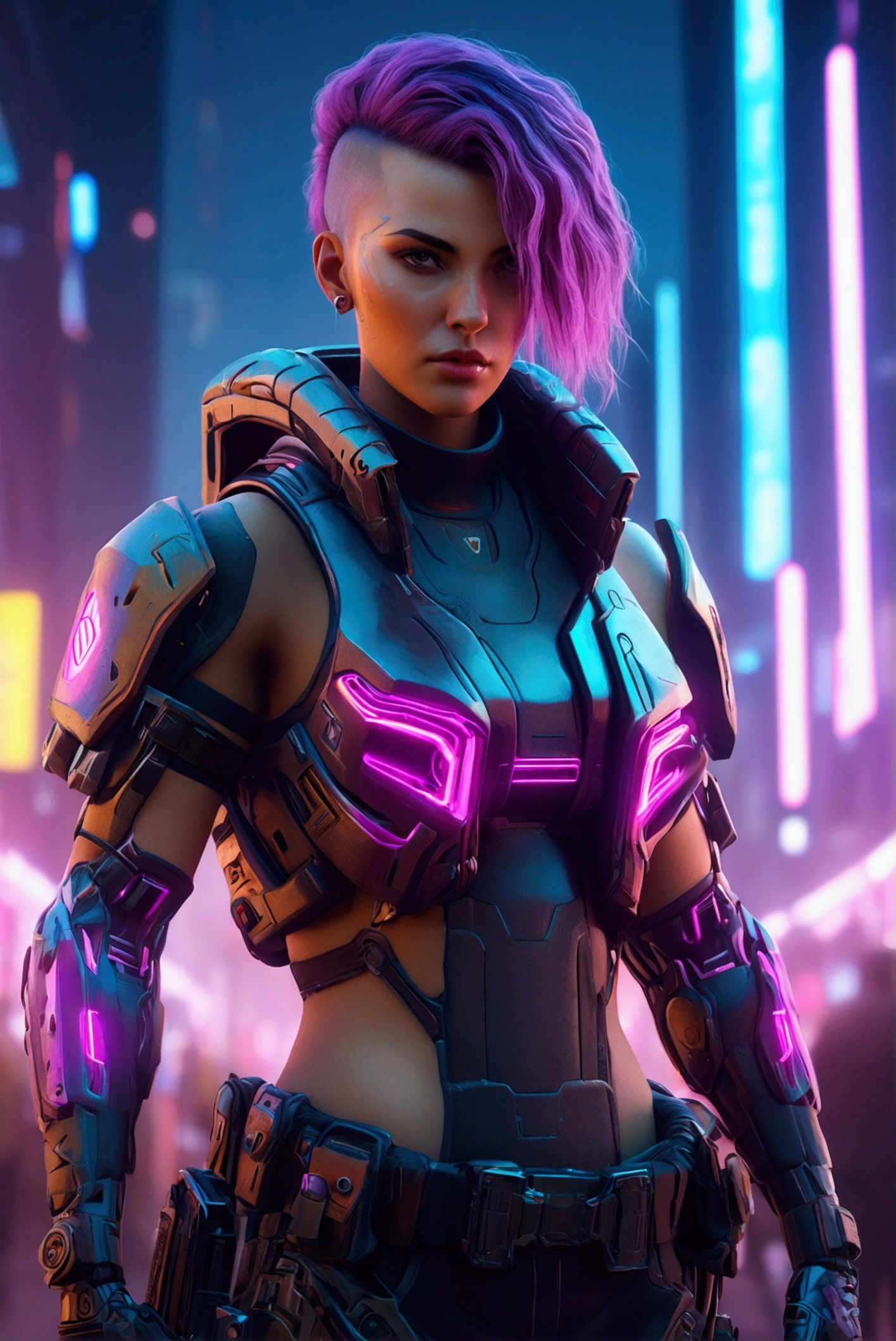 cinematic cyberpunk soldier, 8k, highly detailed illustration, symmetrical, realistic third person view, 2d character design concept, unreal engine 5, daz, surreal, octane render, cosplay, rpg portrait, dynamic lighting, intricate details, summer vibrancy, cinematic