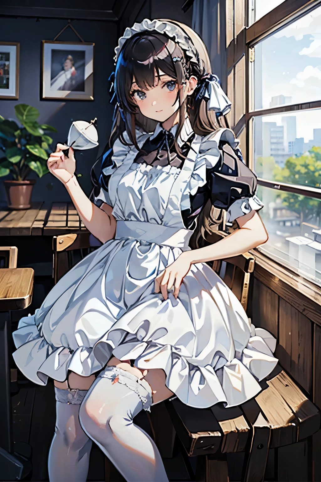 (masterpiece), (extremely detailed), (ultra detailed), (1girl, kawaii:1.3), looking at viewer, corset jumper skirt, BREAK (white garter belt, white stockings, white apron:1.4), BREAK (pale blue clothes, white shirt, short puffy sleeves:1.4), beautiful black hair, (braid), (beautiful and detailed black eyes:1.2), leaning forward, indoors, in diner, laugh, parky, energish,, (embarrassed:0.8),