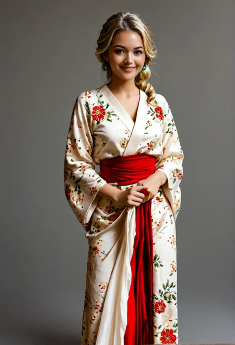 1girl, blonde, solo, stand, lifting skirt, smiling, wearing traditional mexican long dress