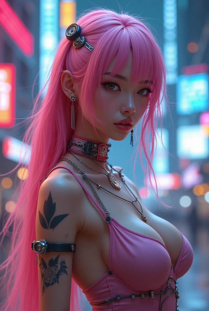 a pretty hungarian girl,big tits,rounded,with a t-string thong,topless,long hair,messy,fluffy,in a neon disco club