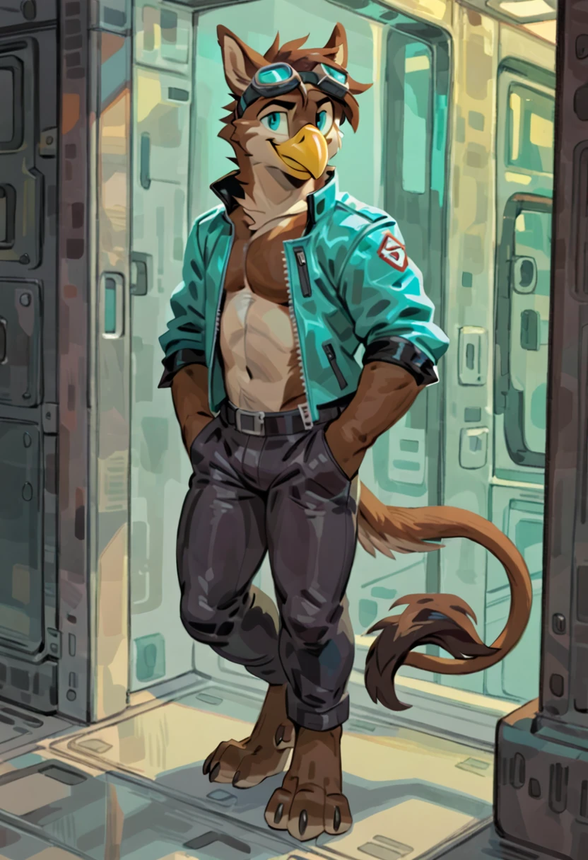 (solo), male anthro gryphon eagle, short brown hair, brown fur, handsome, turquoise eyes, by dangpa, smiling, cool, digitigrade, modern, pants, jacket, goggles, 