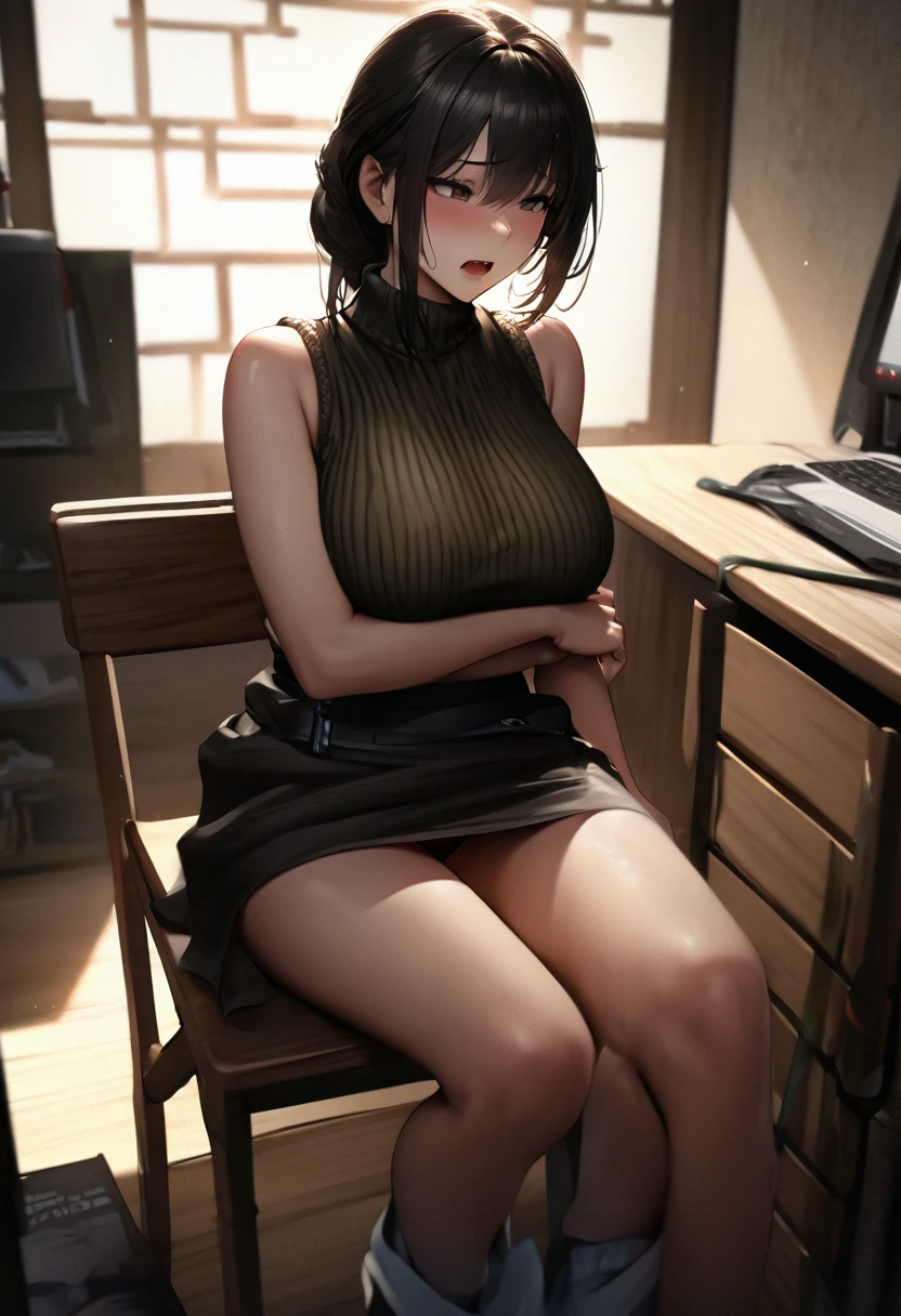 Best Quality, High resolution、Very detailed、One Woman、Black panties、Knitted sweater、skirt、Big Breasts、Long black hair、turtleneck、Sleeveless、、Dark office at night、Japanese Beauty、Beautiful Skin、Realistic portrayal、Frustrated face、Big eyes、Sit on a chair、Masturbation