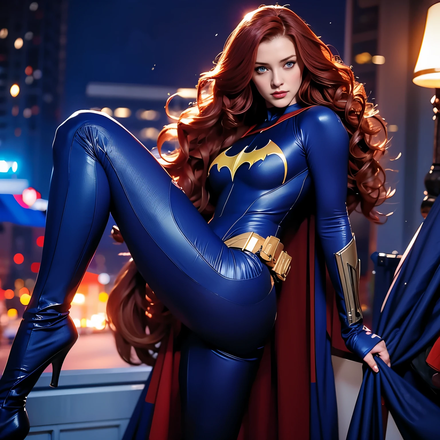 “Woman, long curly hair, red hair, blue eyes,full body, soft, cute, batgirl suit wide open, show nipples, show vagina, open legs:1.4