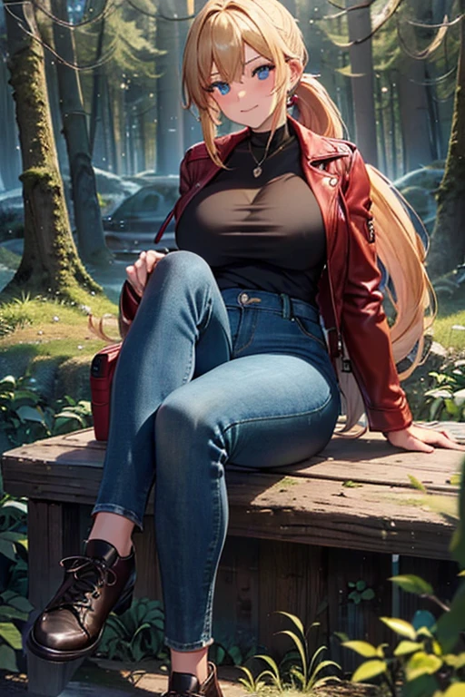 masterpiece,Best Quality,Super high-definition description,Full HD,16k,Super Resolution,Accurate human anatomy,Correct human anatomy,fun,smile,((Late night scenery:2.0,In the forest:1.8)),sitting in front of a bonfire:1.7,One Woman,Staring straight ahead,((Golden Hair,ponytail_Long Hair,Blue Eyes)),Open your eyes,expensive,Muscular,(((Abnormally large breasts_Breasts overflowing from clothes))),Long legs,(((Red leather jacket,Black long sleeve T-shirt,Denim pants_Long trousers,Leather trekking shoes))) ,30 years old,German,Colours of the 90s,Dynamic Angle,funシーン,Focus on facial expressions:1.6.