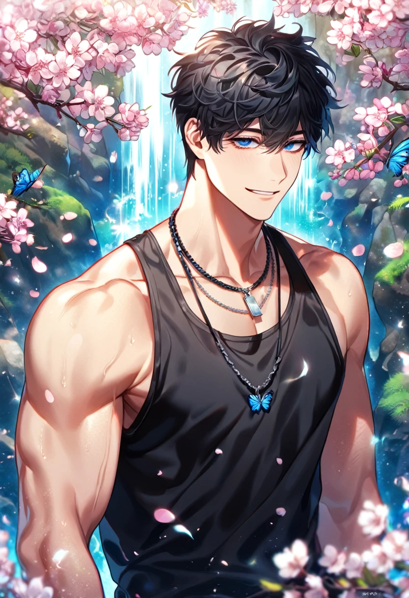 masterpiece,best quality,high quality,extremely detailed,(male austere handsome one solo adult age 30 years old:1.5),(purple eyes, cool with suspended eyes), body strong and fearless 8.5 head tall and 185cm tall,(well-groomed black hair short hair to neck:1.4), (bangs parted in thirds:1.4), (pectoral and rectus abdominis:1.3), slender nose, facial muscles, (saltwater pants:1.3), (hand on neck:1.3), (scowling smile:1.3), (taking a dip:1.3), (stylish pose), (background summer waterfall and forest:1.3), (blue sky), (upper body:1.3)