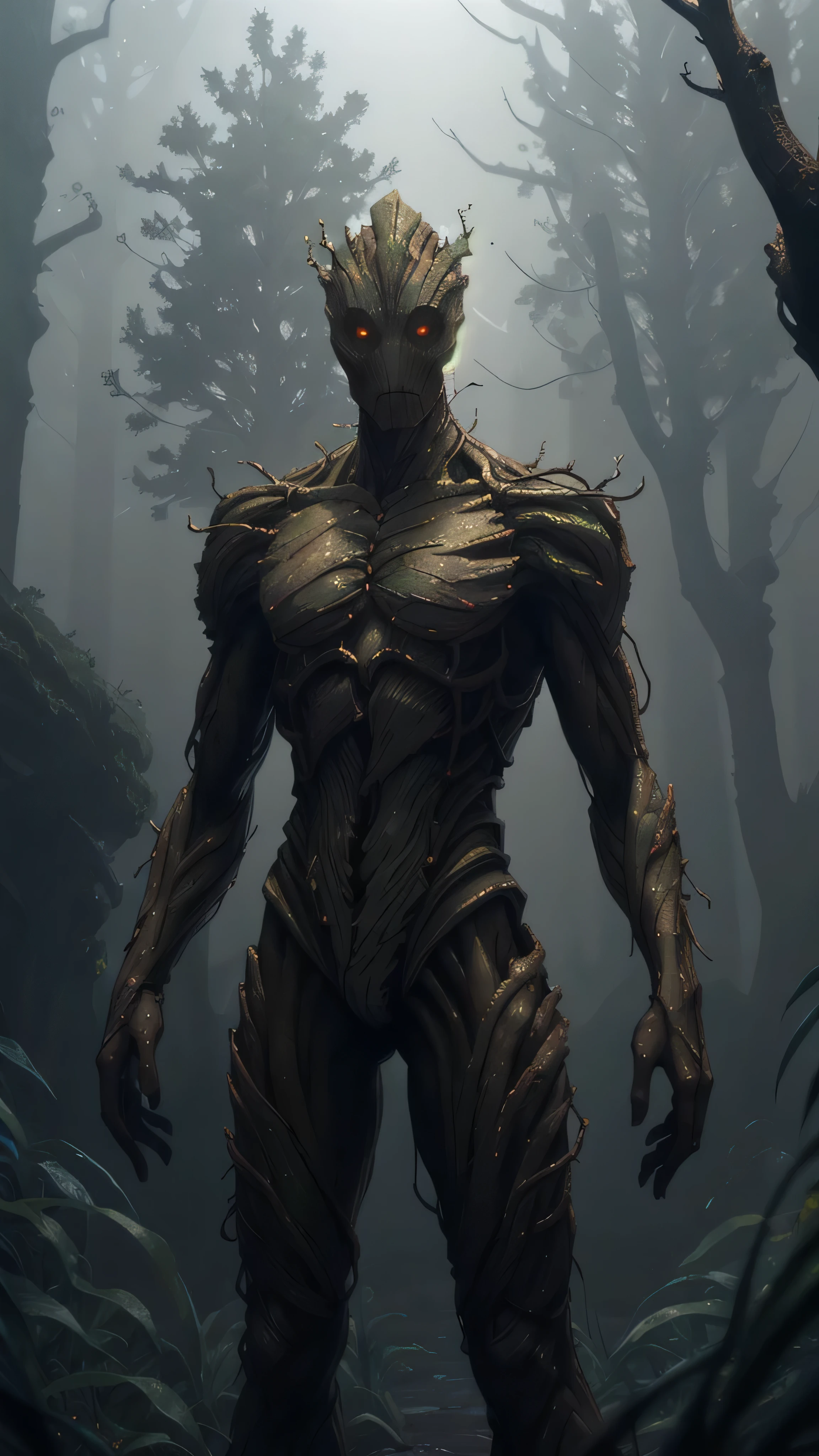 insectoid plant creature, male, elongated tree-like limbs, wooden bark-textured body, leaf-like helmet, sharp features, creature is adorned with red and orange leaves or petals around its neck and shoulders, natural armored look, dynamic pose, misty bluish atmosphere, small floating lights, (insanely detailed, beautiful detailed face, masterpiece, best quality), cinematic lighting, 1man, solo, full body view, (front view), looking at viewer, intricate, high detail, sharp focus, dramatic, photorealistic painting art by greg rutkowski