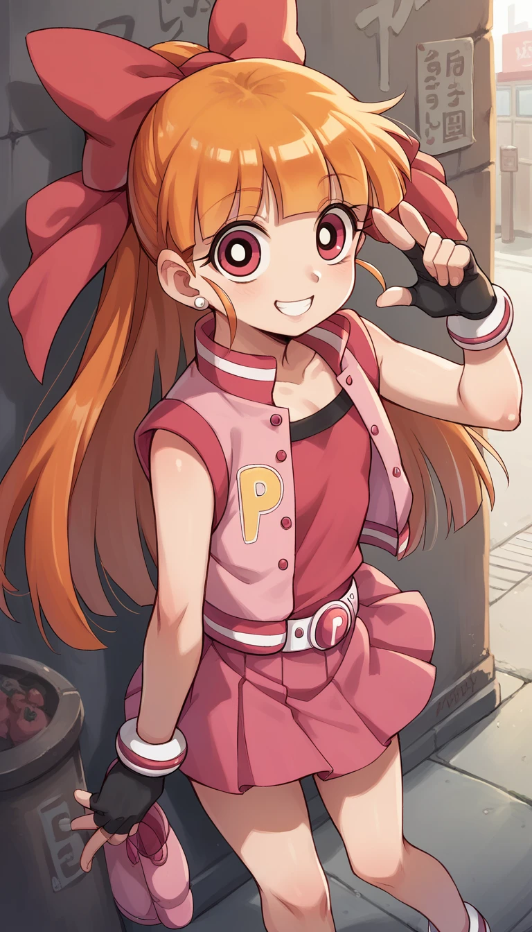 akazutsumi_momoko, orange hair, pink vest, pink skirt, looking at viewer, black fingerless gloves, young, looking at viewer, smile, cartoon, sidewalk, alley, ribbon, long hair