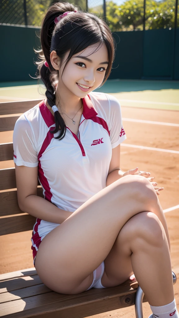 Pure Japanese teenage tennis girl, natural body, beautiful legs, shiny white skin, sitting on bench, relaxed pose, wearing tennis uniforms, panty, natural ponytails, no makeup, thick eyebrows, pure smile, (sexual temptation), refreshing in day light, sexual attractive, professional pin-up portrait photography,