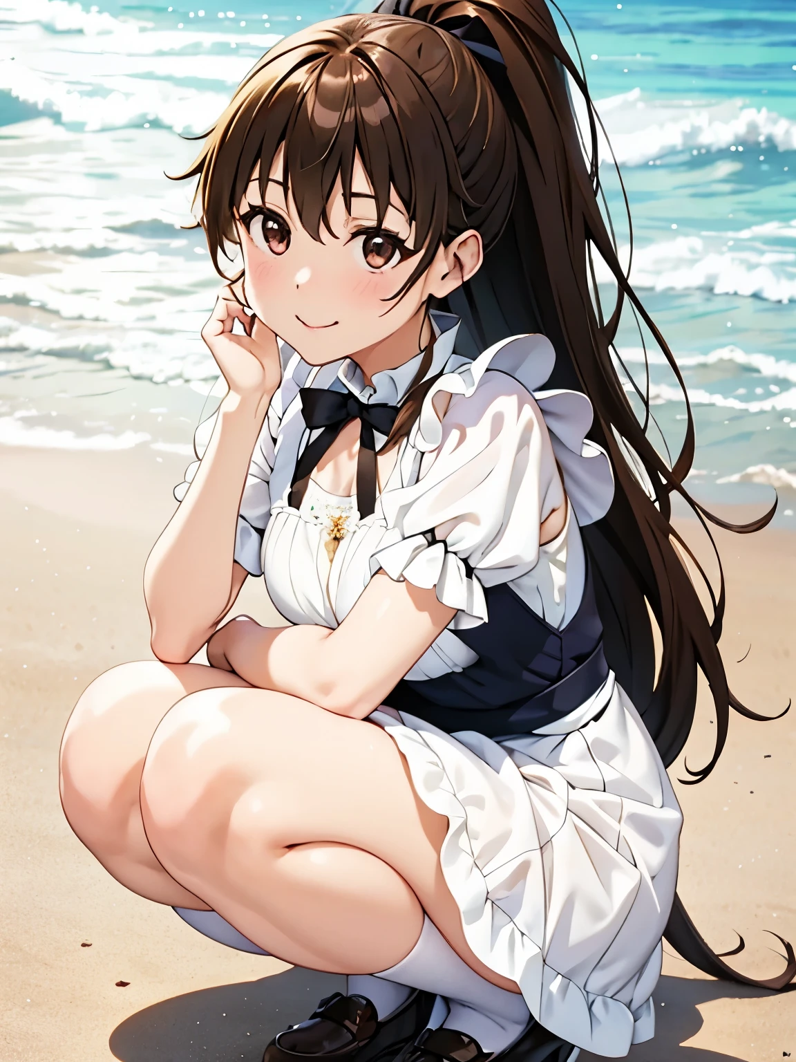 Best Quality, super high quality,3D Images,Side shot、(Anime illustration style:1.2),Popura Taneshima、Beach、play、Gothic Clothing、White maid outfit,Beauty, hair_ 茶hair、 ponytail、Absolute reference to the center、smile、Closed Mouth、Very detailed eyes、Highly detailed face, Highly detailed eyes,Cowboy Shot, (Realistic, Photorealistic:1.2), ((Best Quality)), Shift the center of gravity backwards, Quite embarrassing, (Squat:1.4), Place your heels on the ground, Please spread your legs a little, Squat，Raise your knees, Get down to the ground
