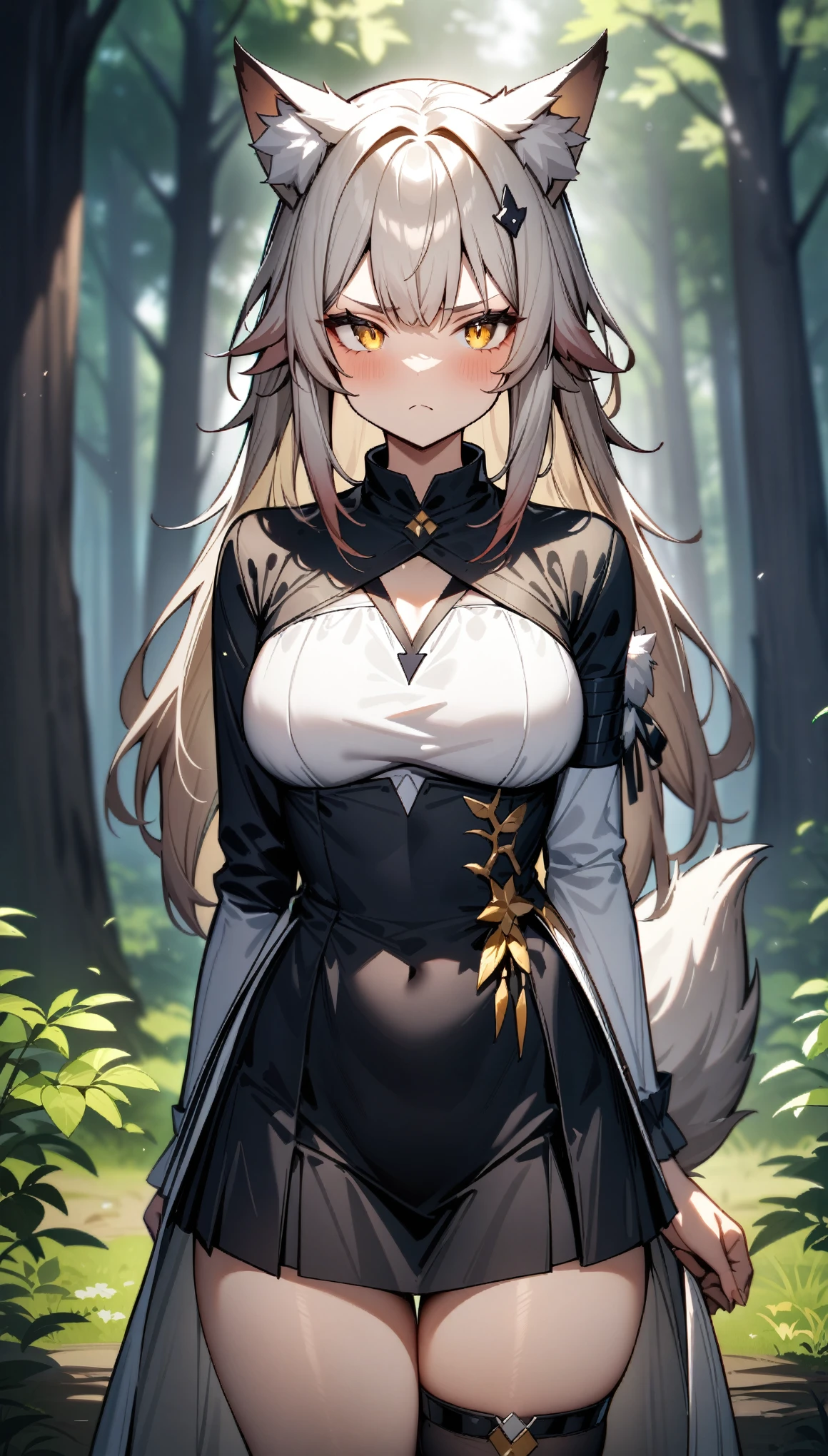 girl, wolf ears, frown, yellow eyes, forest, wolf tail masterpiece,Best,Very beautiful,absurd,