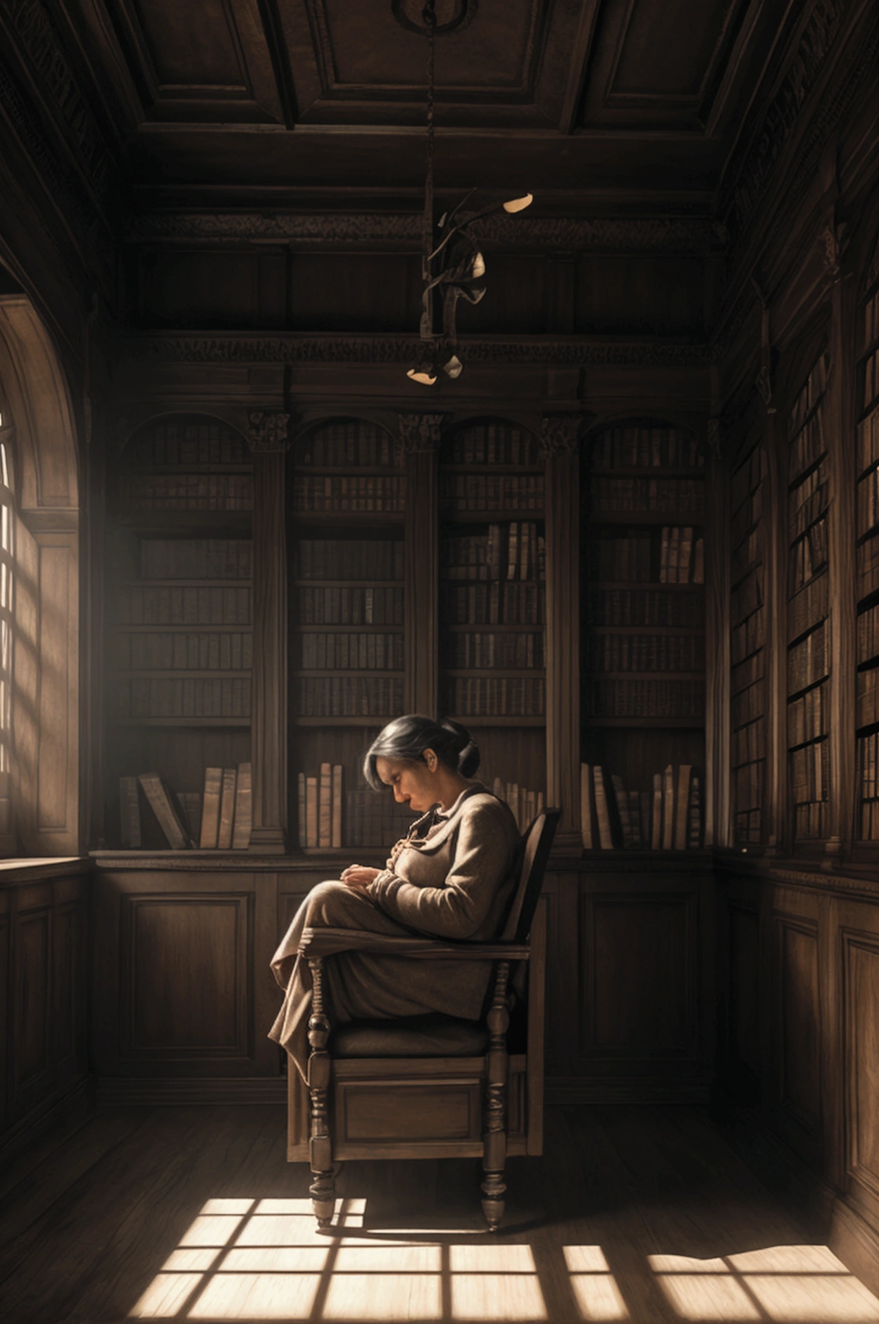 A woman in a deserted library, masturbating in shame, mature woman, loneliness, silence, quiet, intricate details, photorealistic, chiaroscuro lighting, dramatic shadows, muted colors, melancholy atmosphere, cinematic composition