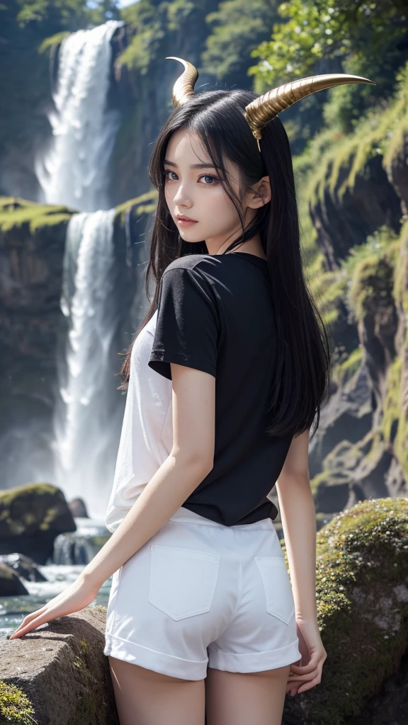 8 year old asian with very long tails, hairpin, big ribbon, simple clothes, skirt, embarrassed look