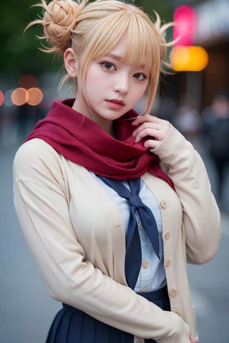 (blonde、himiko toga、White uniform shirt、Navy blue uniform skirt、cardigan、Red scarf、Dark eyeshadow、Patsun、Twin tails、Bunhead、Thin eyebrows、Black socks、Black Loafers))、Browsing Caution、masterpiece、最high quality、high quality、growing up、Beautiful poop、High resolution、非常にHigh resolution、RAW Photos、Best illustrations、hyper Realistic、1 Girl、Realistic、Very detailed、Photorealistic、Unbelievably absurd、close、Floating Hair、Soft Light、Cinema Lighting、Film Grain、Esbian all over、Written boundary depth、Blurred Background、Bokeh:1.4、Eye focus、85mm lens、Professional Lighting、Lens flare、Luminous Particles:0.6、Professional Writing、Portraiture:0.6、Photon Mapping、Radio City、Physically Based Rendering、Japanese Girls、sexual excitement:1.5、A vivid face、Realistic body、Realistic Skin、Huge breasts:1.3、Good style、Camel Toe、Pale skin:1.1、cute:1.5