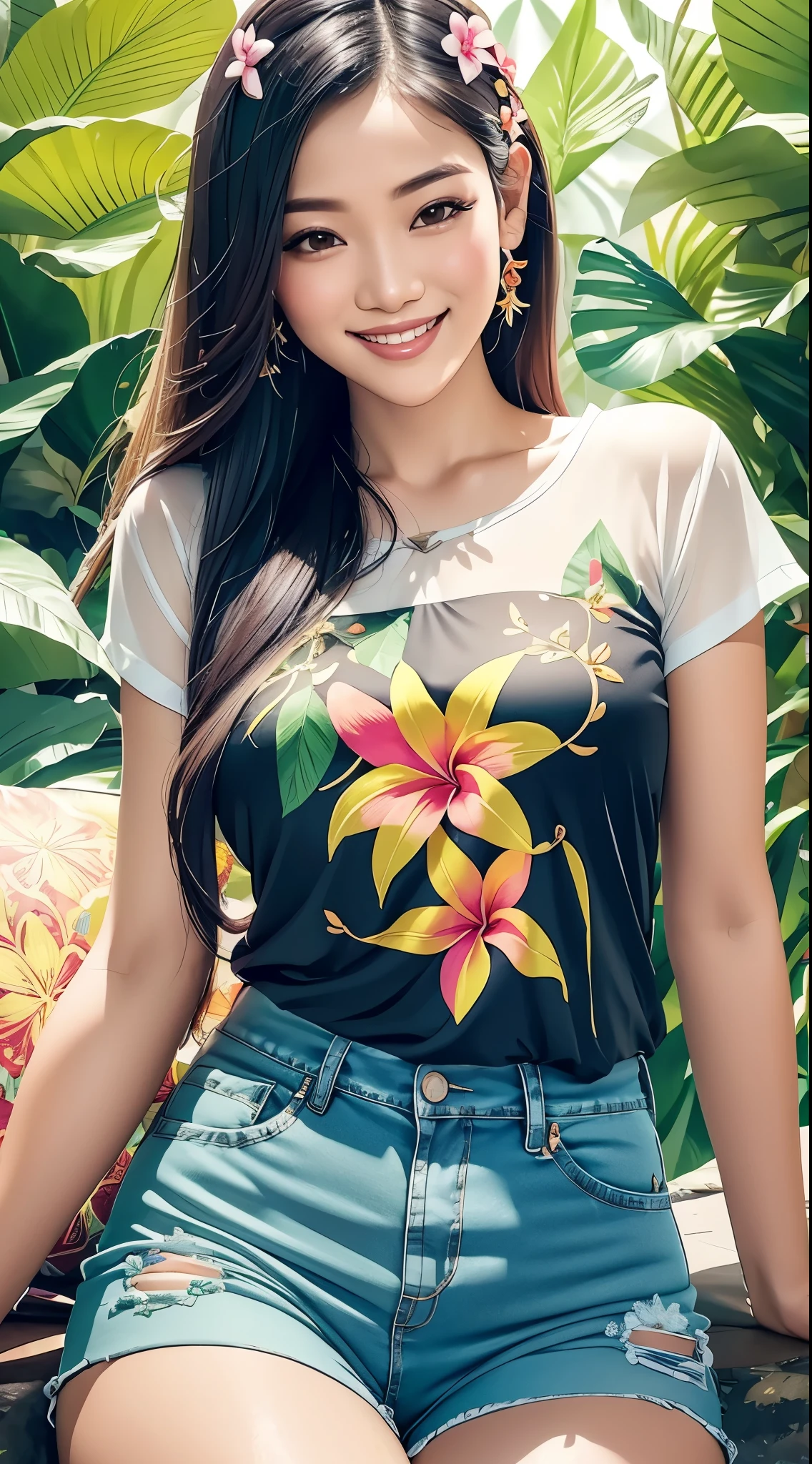 Thai woman wearing plumeria flower design t-shirt and jean shorts, smiling, surrounded by lush tropical foliage. Splash art. Delicate, intricately detailed plumeria flowers in her hair, multicolored locks flowing.