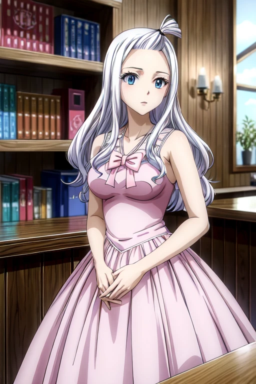 ((best quality)), ((masterpiece)), (detailed), Mirajane Strauss, woman with straight white wavy hair and blue eyes wearing a pink dress 