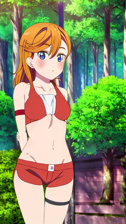 1girl, (loli:1.4), elf, anime, solo, orange hair, low twintails, (parted lips:1.2), (bra:1.1), (white underwear:1.3), blush, >:, standing, (spread legs:1.1), legs apart, collarbone, sleeveless, midriff, stomach, outdoorest quality:1.2), masterpiece, highly detailed,