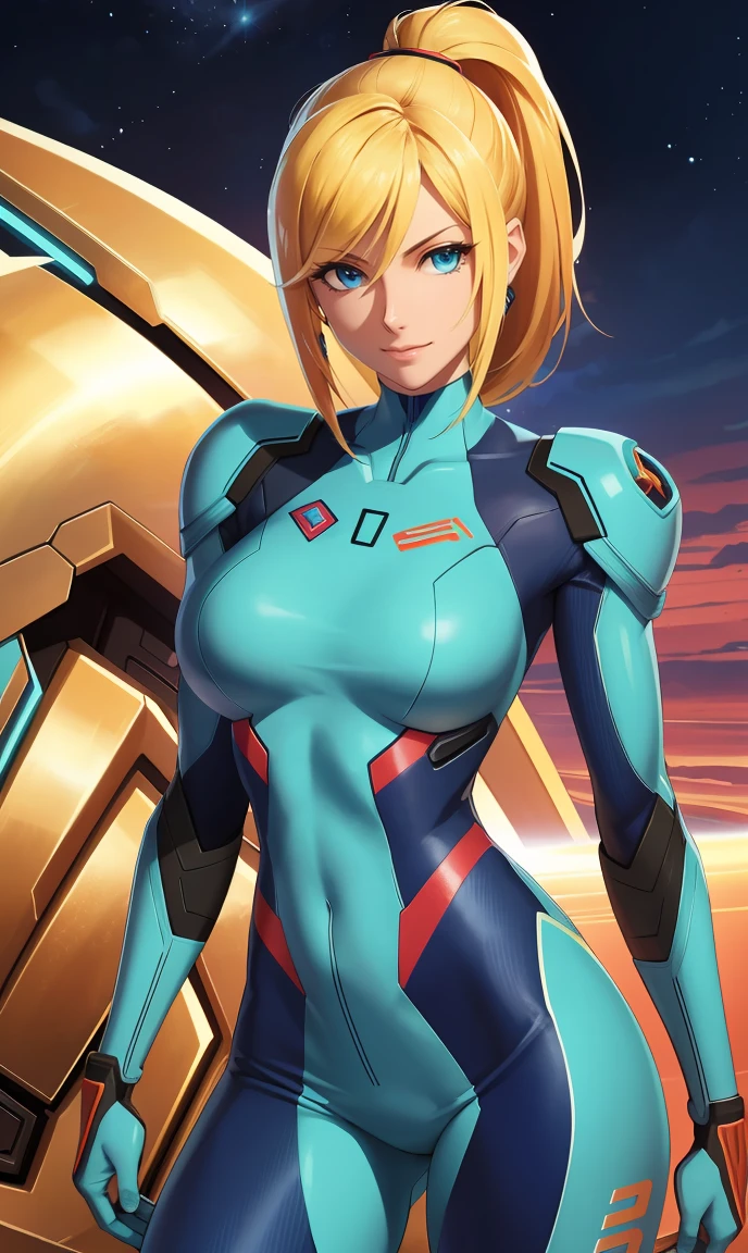 Masterpiece, Best Quality, 1 girl, (neoartcore:0.25), defsamus high quality cg,  Blonde, blue clothes, blue gloves,, cowboy shot, hand on hip, looking to the side, futuristic