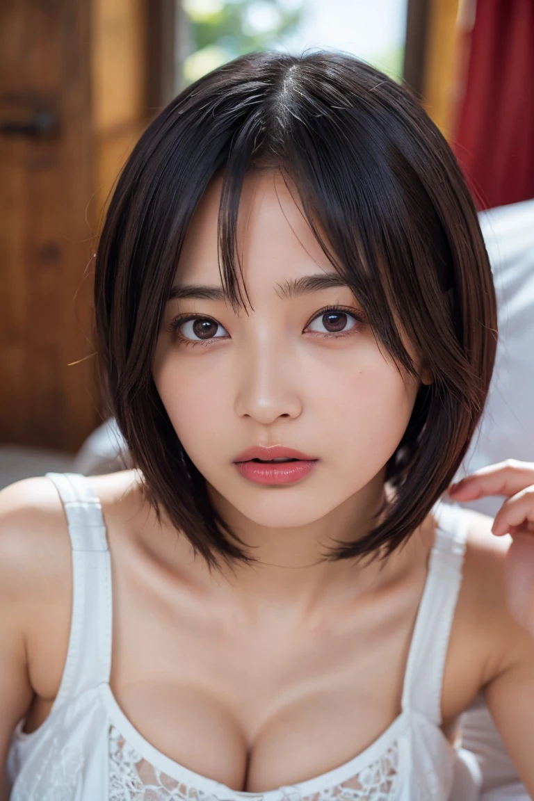 (Lace Camisole,sleek bob cut:1.3),(,12yeold,high resolution, 8k, ultra sharp details, clear facial expressions,upturned eyes:1.3),a woman with a rugged scar on his cheek and tousled, dark brown hair,(photographer's lover, She truly loves photographer,,lying on belly:1.3),(glistening skin:1.3),plunging necklines,bursting breast,cleavage,Browsing Caution,Highest quality,Ultra-high resolution,1 person,whole body,Black hair, cool expression,Looking into the camera,Beautiful and elaborate face,Fine and beautiful skin,Skin Texture