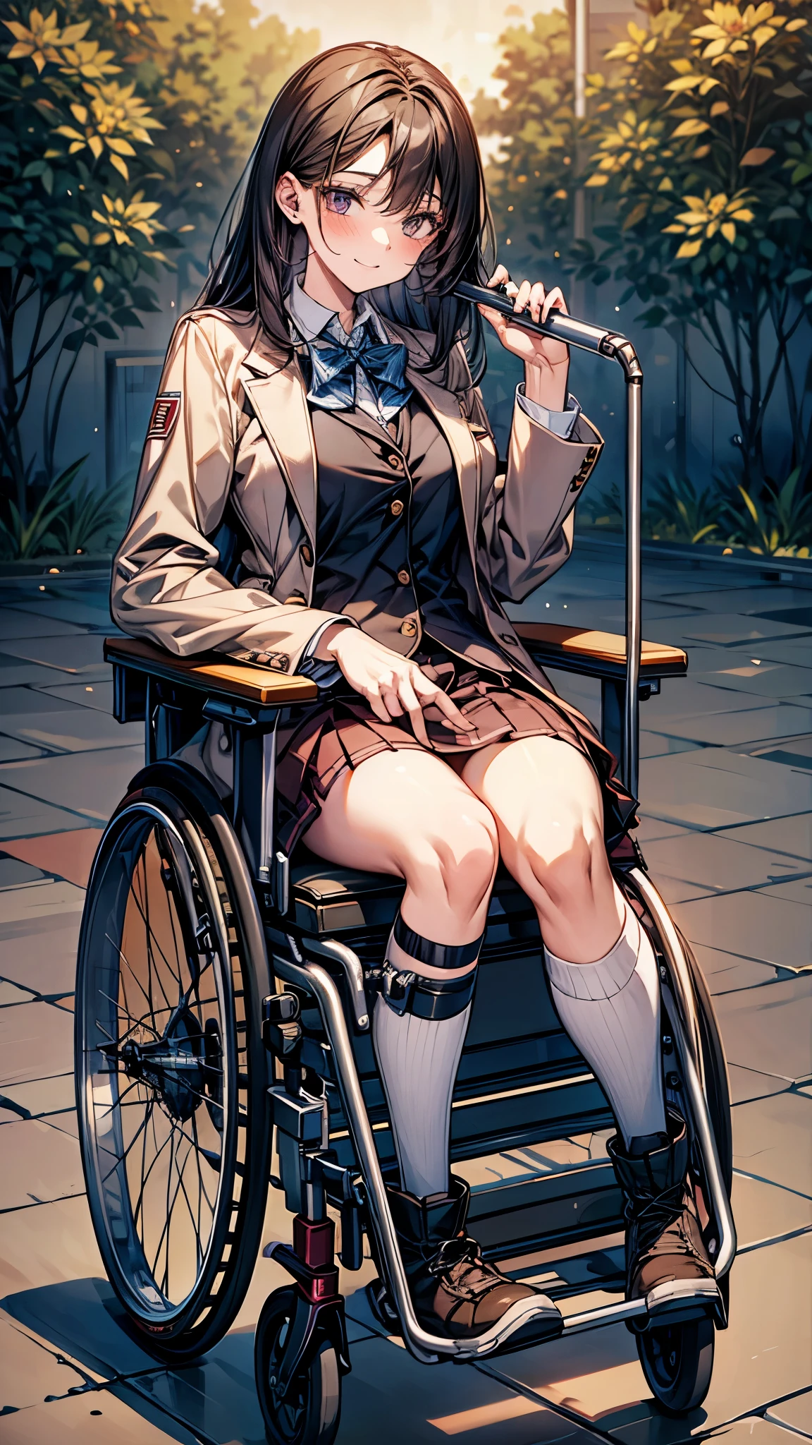 one disabled beautiful girl,1 girl,high school uniform,Beautiful girl with a broken leg and crutch,disabled leg,thin body,Lean on a cane, With a cane,medical, Carrying a walking stick, leg brace, Leg and thigh shots, Really great images, Leg shots,smile, Blushing, boots with leg brace,