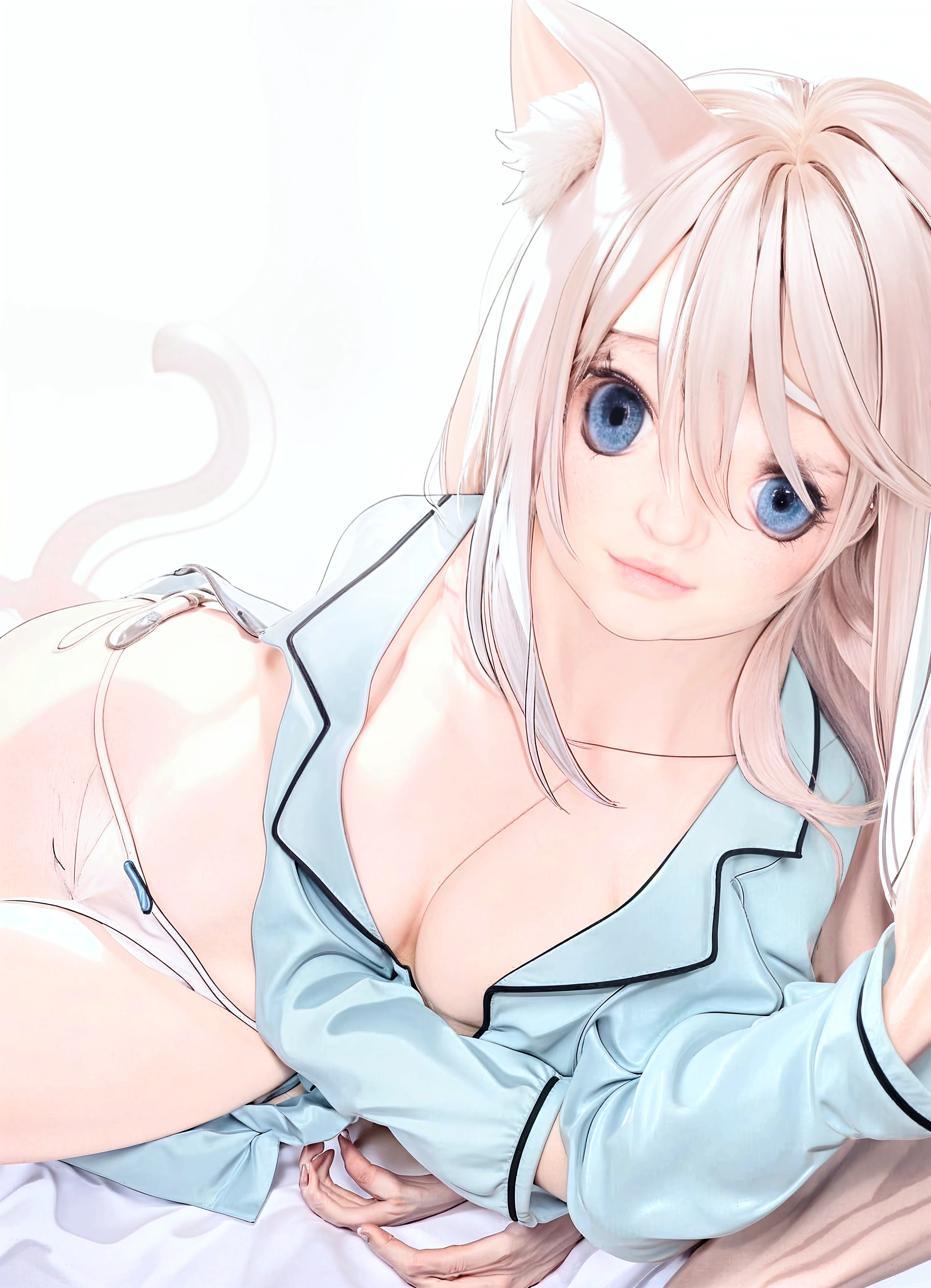 Juvenile , cute, silver long hair, dull hair, ponytail, blue eyes, looking at the light in both hands, a hint of laughter, fox ears, nine fox tails, white silk, high resolution, blush, heart-shaped pupils, heart-shaped, , cute, dripping face, sticking out tongue, lingerie, whole body  