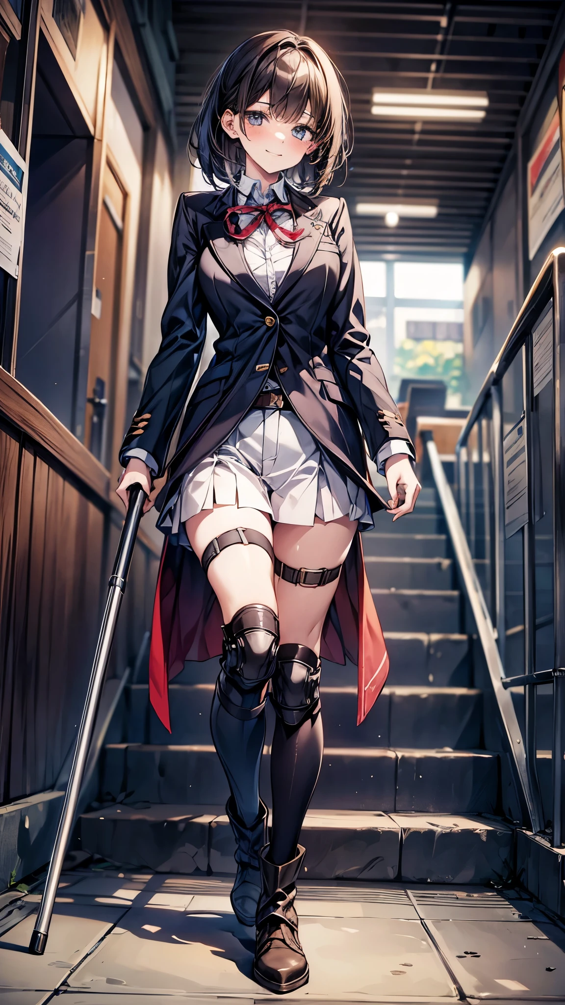 one disabled beautiful girl,1 girl,high school uniform,Beautiful girl with a broken leg and crutch,disabled leg,thin body,Lean on a cane, With a cane,medical, Carrying a walking stick, leg brace, Leg and thigh shots, Really great images, Leg shots,smile, Blushing, boots with leg brace,