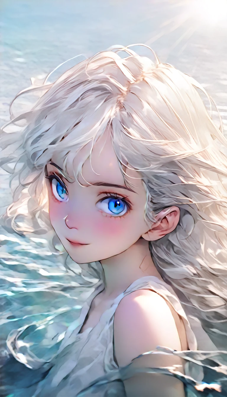 Anime style female character in water, (long  white hair:1.2), (Kind expression:1.1), blue colored eyes, white top, (rippling effect of water around the body:1.3), sunlight reflecting on the water, Clear sky, subtle splashes of water, high-resolution digital art, soft color palette, atmosfera tranquila, (serene ocean background:1.1), Realistic water texture
