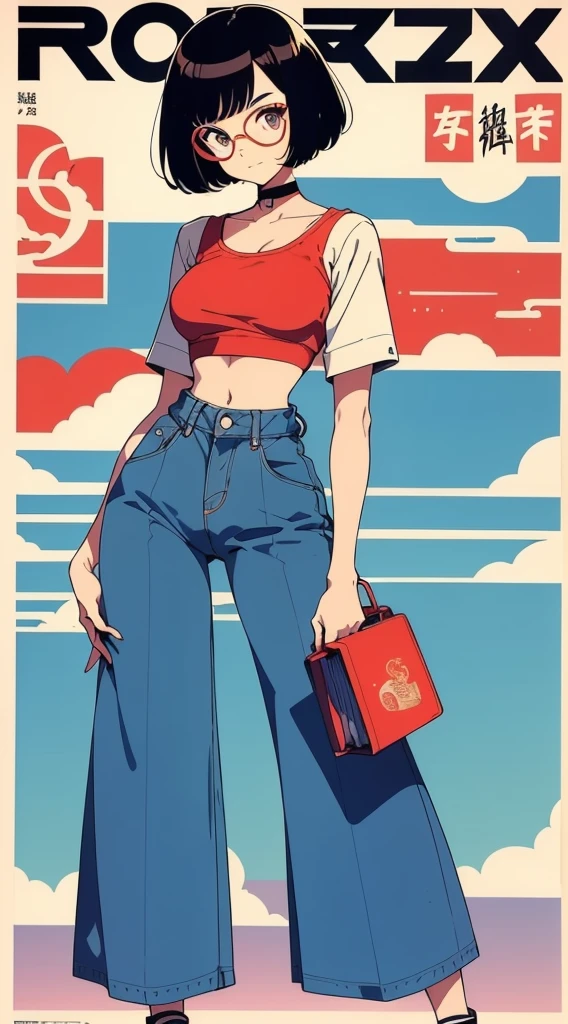 Beautiful girl with short black hair, round glasses, Harry Potter glasses, Wearing a crop top with cute prints, wearing wide leg pants, straight leg pants, full body (((90s vintage Japanese poster style))),((90s vintage Japanese magazine cover style)),((90s anime style))((Wide, big hips)), (pawg) ((thin waist)), (((small breasts))) vibrant colors, colorful, calm environment (thin waist) (((Very wide hips))) (extremely thin waist)