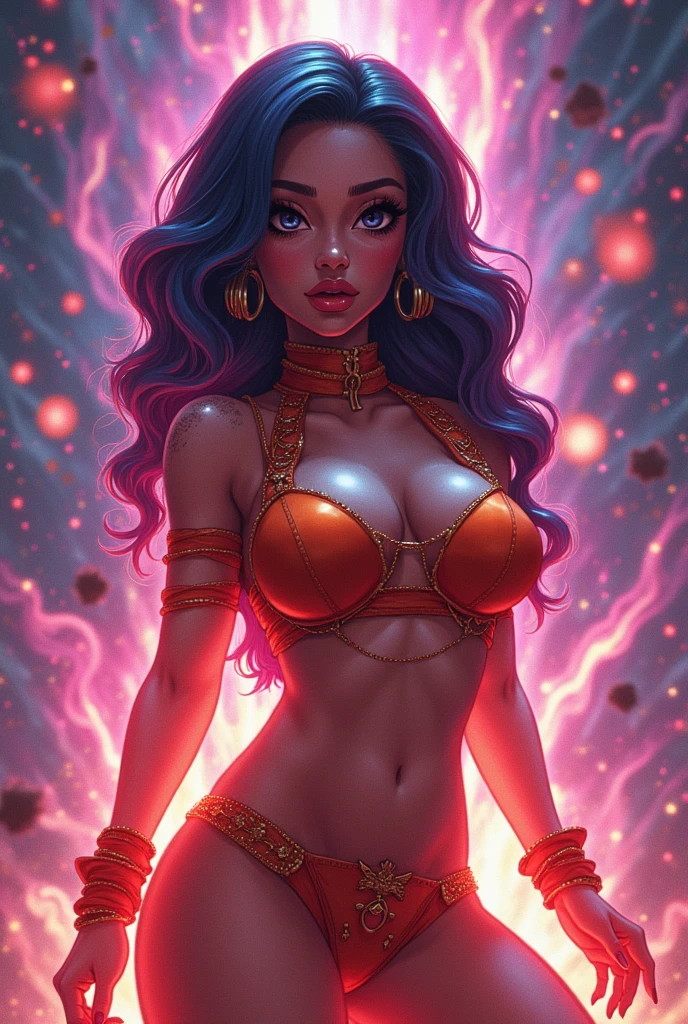 Full color, motley, Gorgeous vamp woman, A bold look, a gold, Pink, Yellow, mint, Crimson, blau, lilac, Gradient hair, long wavy hair, full dark red lips, smoky, Desirable, crystal, delightful, Gorgeous eyes, impassioned, Gentle, Seductive pose, Desirable eyes, suntan, Chocolate body, mother-of-pearl body, tanned skin of the body, Languid look, sexy body, Sexy look, rot, blau, violet, Neon, Chrome-plated chains with torn body, Choker, pout, spit take, Surrealism, Minimalism, Romanticism, Ghibli-like colours, chiaroscuro, cinematic lighting, bloom, first-person view, UHD, masterpiece, ccurate, anatomically correct, textured skin, award winning, best quality, 8k