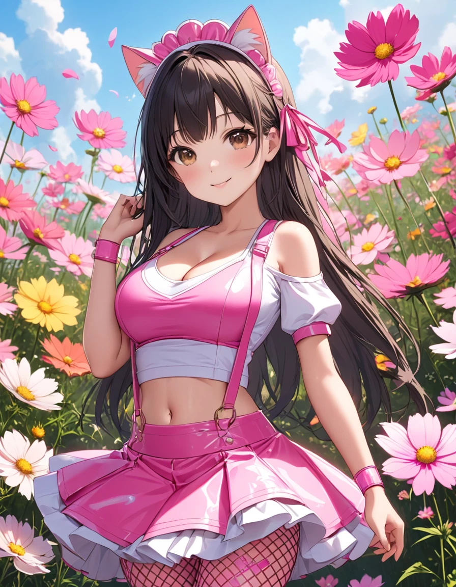 4k, bestquality, detailed, detailed scenery, detailed eyes, 1Girl, cute, adorable, straight hair, long hair, black hair, brown eyes, cleavage, smiling, looking at the camera, standing, sunny, (Background is cosmos flowers:1.3), (suspenders:1.2), pink suspenders covered stomach and breasts, (headdress with pink fake cat ears), (wear a pink suspenders over a short-sleeve white crop top:1.2), pink heart(symbol) print on crop top, cold shoulders, (stomach, navel), (low-rise pink latex (A-line) tiered skirt with pink suspenders:1.2), (pink wristband), (has a beautiful mesh fishnet tights), (countless small pink ribbon decorations), (white latex platform boots)