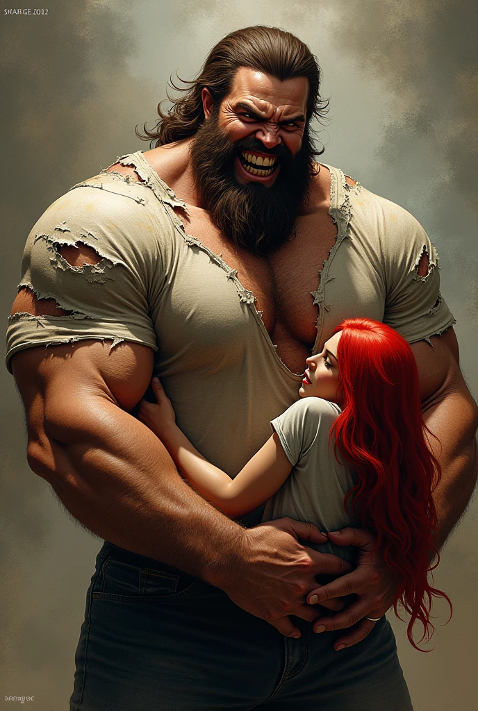 A ginger girl, small, tiny with a big black man, muscular, big biceps