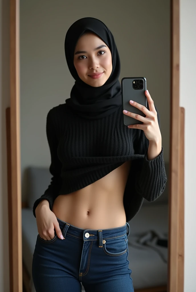 A milf wearing a hijab, Wear tight Croptop and wear short hot jeans, blank background, The looking directly at the camera handphone, selfie pose