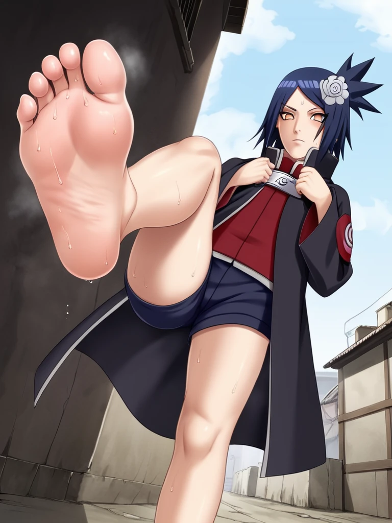 A woman，One-leg stand，Lift one foot，the woman, the woman/（Naruto/), short hair, hair ornament, blue hair, flower, hair flower, (orange eyes:1.2),  eyeshadow,
BREAK coat, cloak, black coat, black cloak, (akatsuki uniform:1.5), akatsuki \(Naruto\),Very long sleeves，Hands hidden in sleeves，In a small town in Japan，Dark alley，In a dead end，ruins，shorts，Straight Hair，Contempt Face，Sweating feet，Sweating soles of feet，barefoot，Perfect feet，Five toes，Anatomically correct, HD，Line Art，There are a lot of papers floating in the air，Paper floating around，Low Angle，