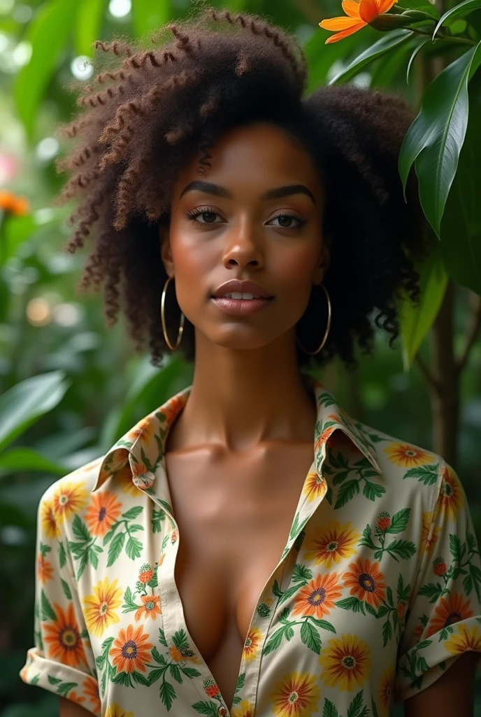A Brazilian woman in a lush tropical garden, wearing an open shirt with a floral print, with a close-up capturing the harmonious beauty between her breasts and the natural flowers, showing off your natural charm and outgoing personality.
