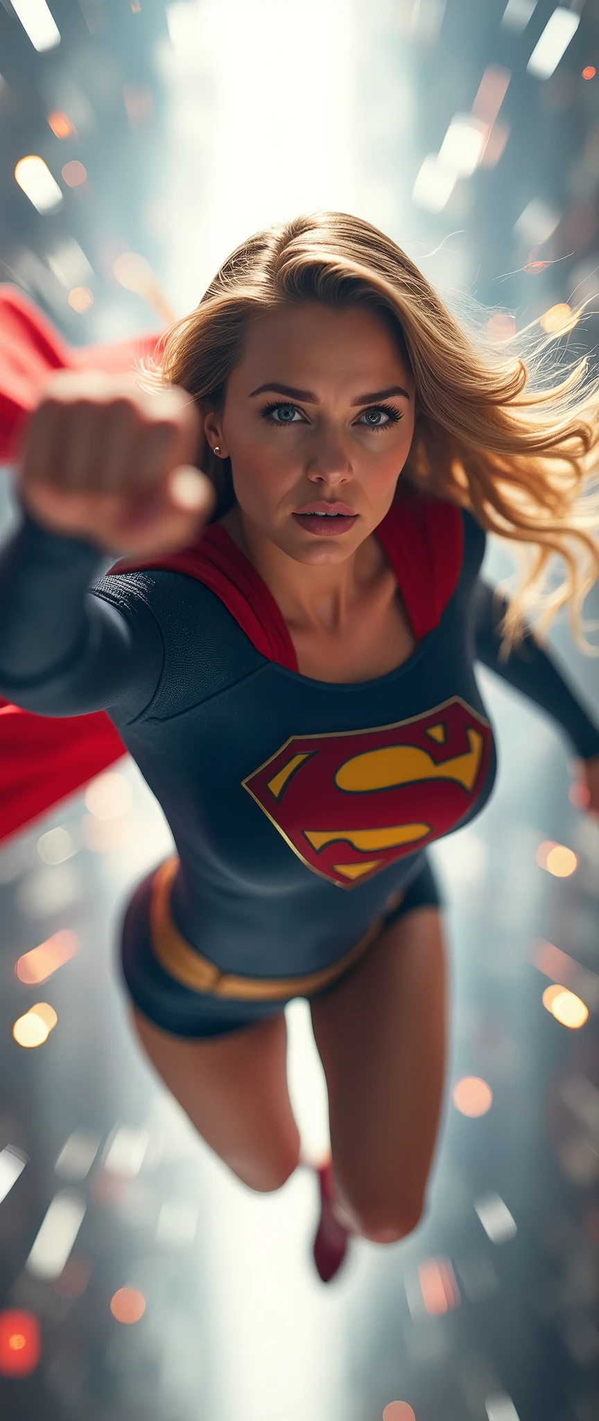 (Masterpiece, Best Quality, Best Quality, Official Art, Beautiful and Aesthetic:1.2), (1 Girl)Beautiful Body, Detailed Face, Maximum Details, Neutral Colors, HDR, Subdued Colors, , Hyper Detailed, Masterpiece, 8K, wallpaper, (detailed), high quality, ((high detailed skin, skin details)), sharp focus, 8K uhd, film grain,Supergirl ,strong wind from below,Melissa Benoist shouting,White_panties,(upskirt),red_flare skirt,(erect_nipples),