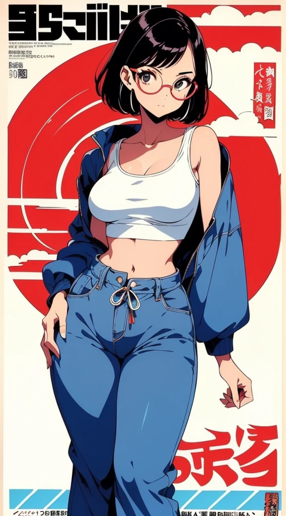 Beautiful girl with short black hair, round glasses, Harry Potter glasses, Wearing a crop top with cute prints, wearing wide leg pants, straight leg pants, full body (((90s vintage Japanese poster style))),((90s vintage Japanese magazine cover style)),((90s anime style))((Wide, big hips)), (pawg) ((thin waist)), (((small breasts))) vibrant colors, colorful, calm environment (thin waist) (((Very wide hips))) (extremely thin waist) (Extremely small breasts) (well defined silhouette)