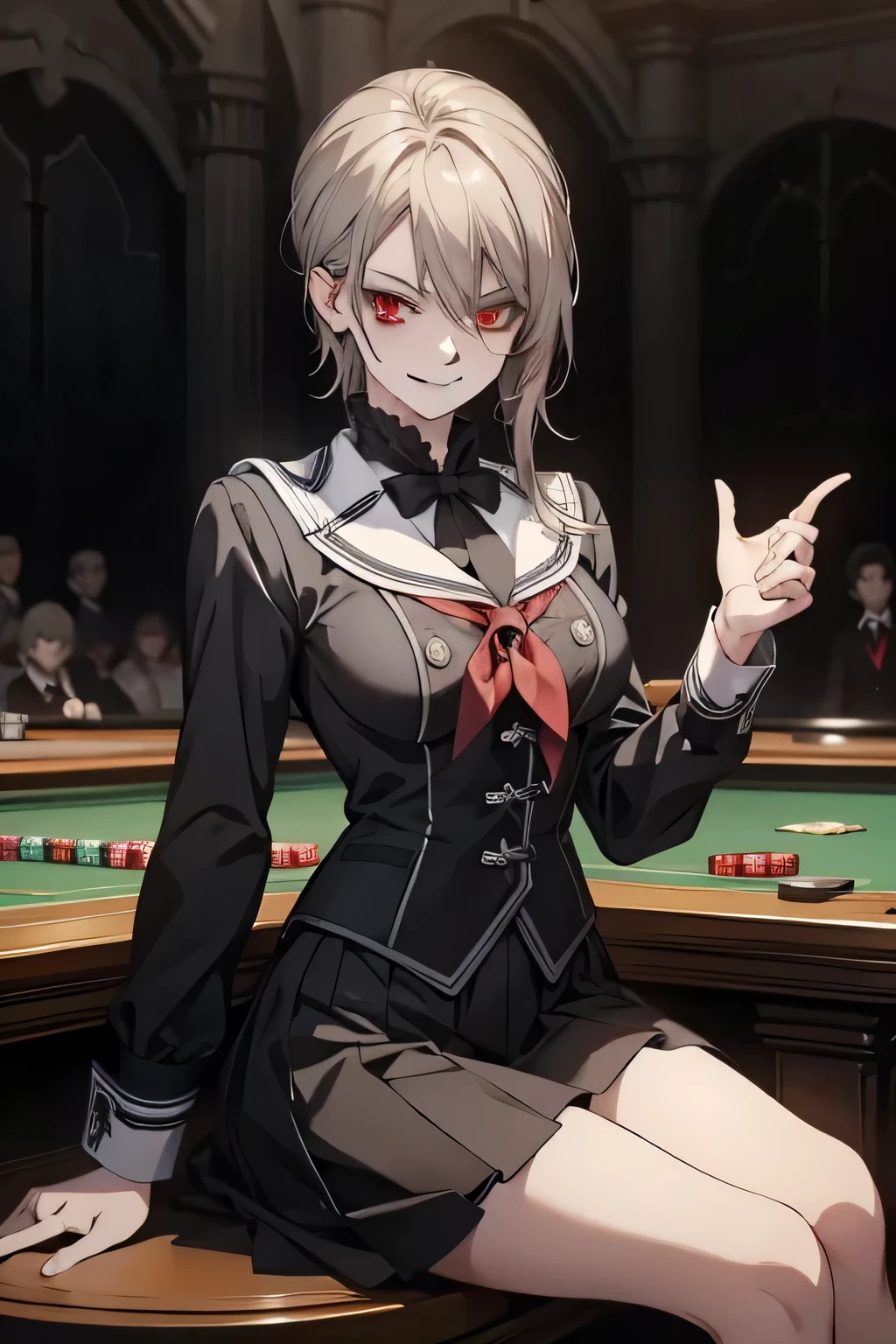 (8k, HD, best quality, intricate details, dark colors, masterpiece: 1.2) a mischievous young woman in red sailor uniform enjoying a gambling match, ((smug smirk)), staring at viewer, small breasts, smirking, holding playing cards, cross-legged sitting, black skirt BREAK ((red eyes)), ((short grey hair)), BREAK dark victorian wall background, table in front BREAK EFT_Foodwars_Alice