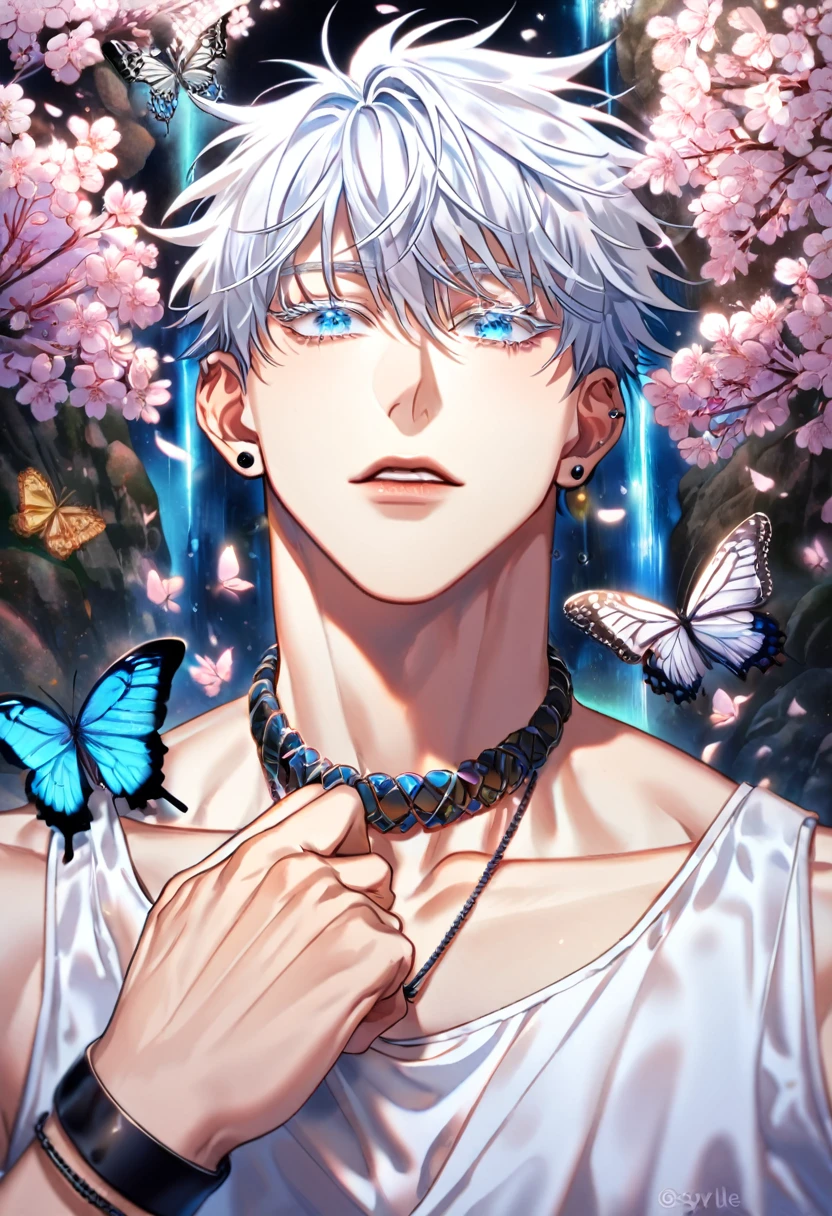 Ultra detailed, Highres, absurdres, HDR, Gojo Satoru, white hair with bangs, expressive blue eyes, hair between the eyes, white eyelashes, black coat with patterns, Jujutsu Kaisen, white shirt, cross, glittering purple butterflies, petals, handsome, sexy man, solo, very detailed eyes and face, master piece, toned chest, glittering, purple flowers, tattoo on his neck