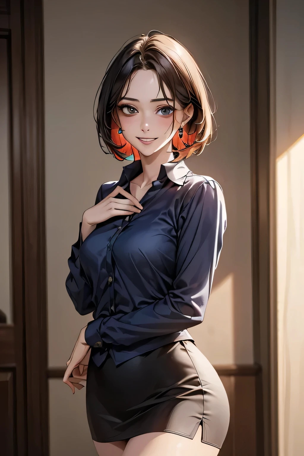 8k, high detailed picture, detailed background, very young slim fit girl, full height, rounded face, (very short dark blue hair:1.2), (disheveled bob cut:1.3), (big yellow eyes:1.3), shy smile, perfect medium breast, band on head with fake cat ears, look at you, (ahoge:1.2), (megane:1.3), elegant tight evening dress, very long white dress, (long side slit:1.1), (large v-neck:1.2), no underwear, tight dress, (sexy outfit:1.2), long fit leg, 21thshirow, pale skin
