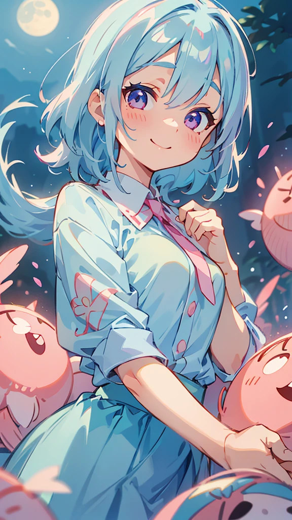 16 year old girl、light blue hair、pink eyes、smile、blush、small breasts、From the side、large amount of acorns、White blouse shirt、plaid mini skirt、upper body close-up