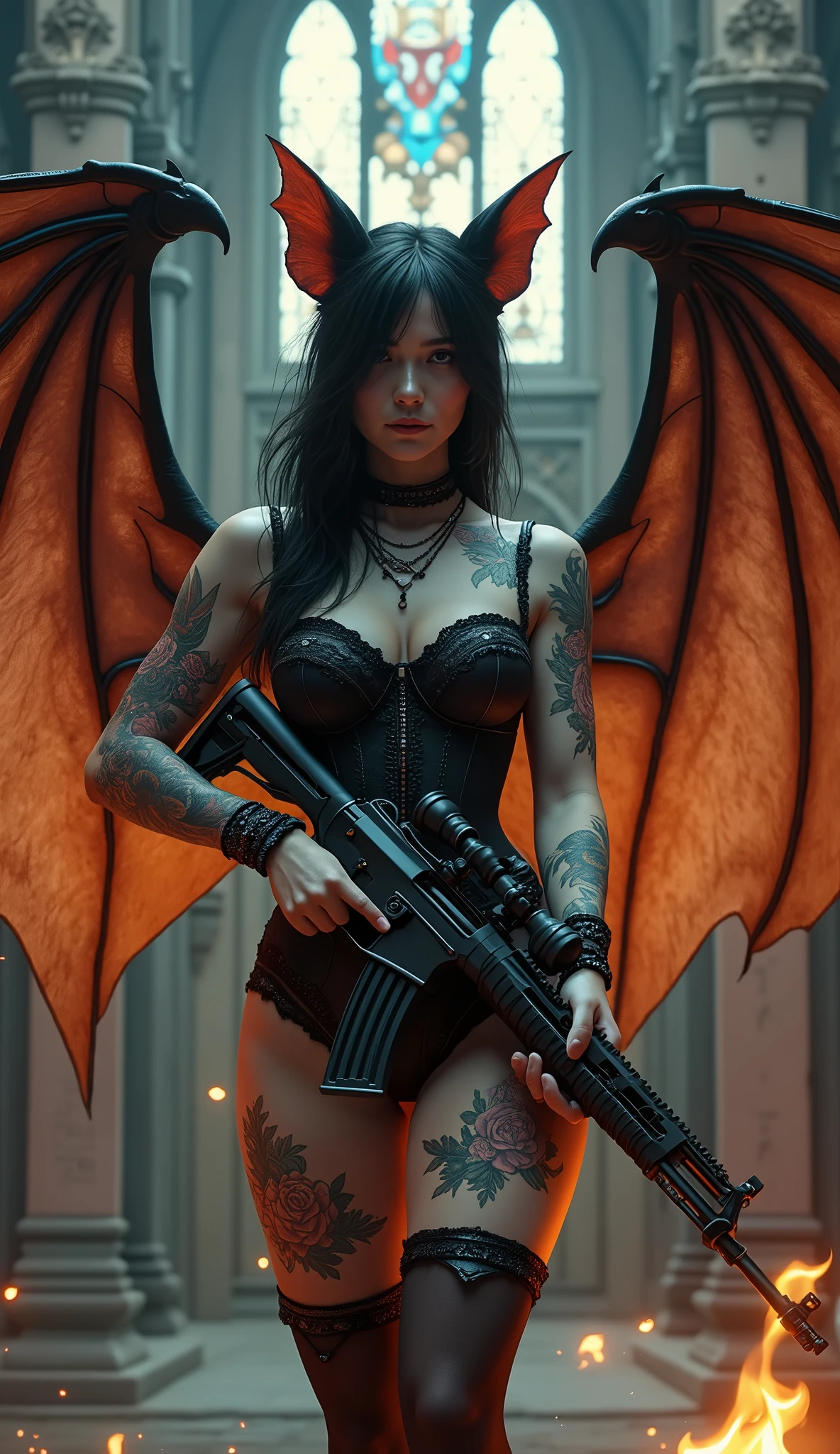 The image presents a photorealistic, 4K depiction of a beautiful woman with a bat-like appearance, blending sensuality and danger. Her pale skin is adorned with intricate tattoos: blooming roses wrap around her arms and thighs, while delicate angel wings are inked across her back, creating a striking contrast with the leathery bat wings that extend from her shoulders. The tattoos, filled with intricate detail, symbolize both her dark and light sides.

She wears a tight, black corset that accentuates her hourglass figure, its lace and leather gleaming in the flickering light. Her legs are covered by sheer, thigh-high stockings, fastened with garters, adding to her seductive look. Her large bat wings are vividly detailed, their translucent texture catching the light.

Her eyes are normal yet captivating, with a calm and confident gaze. Her lips form a thin smile, enhancing her poised, powerful appearance. Dark hair flows around her face, framing her beauty in contrast with her fierce aura.

She grips an AKM rifle in front of her, the metallic surface reflecting the light with stunning realism. Flames flicker softly around her body, casting warm, dynamic light that highlights her tattoos and adds depth to the scene.

Behind her stands a Gothic church, its towering spires and intricate stonework captured in vivid detail. The architecture, complete with gargoyles and stained glass windows, reflects the flickering flames in vibrant colors. Above her, the words "EVENT4.3" appear in bold Gothic font, floating in the air like part of the mysterious, supernatural setting. The image combines sensuality, elegance, and a dark, otherworldly allure in a breathtakingly detailed scene.