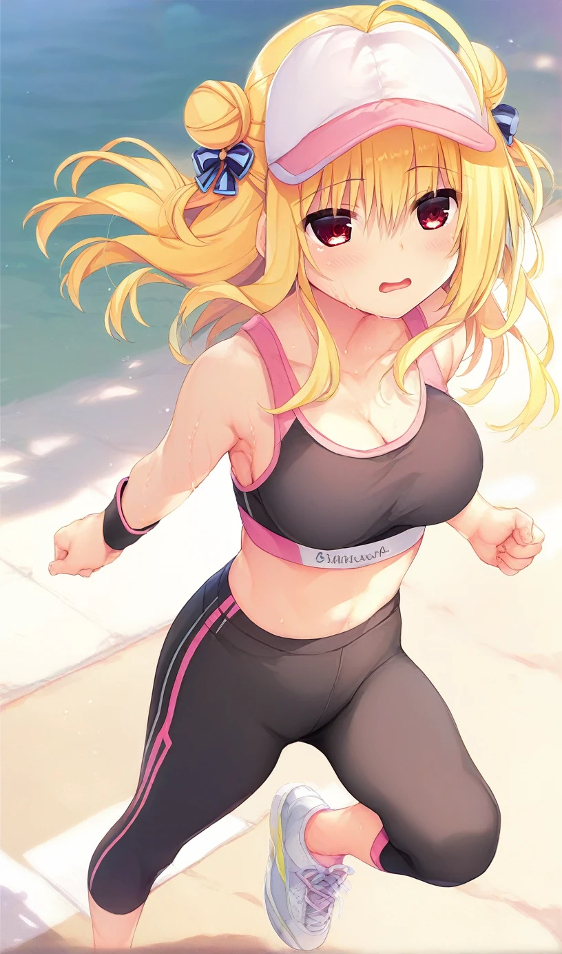 1girl,hiyori-default,hiyori-default,red eyes,blonde hair, double bun,ahoge, long hair, Fitted pastel sports bra, oversized mesh tank top, leggings, vivid running shoes, sports cap, Wristband, running, sweat, seaside sidewalk, One person