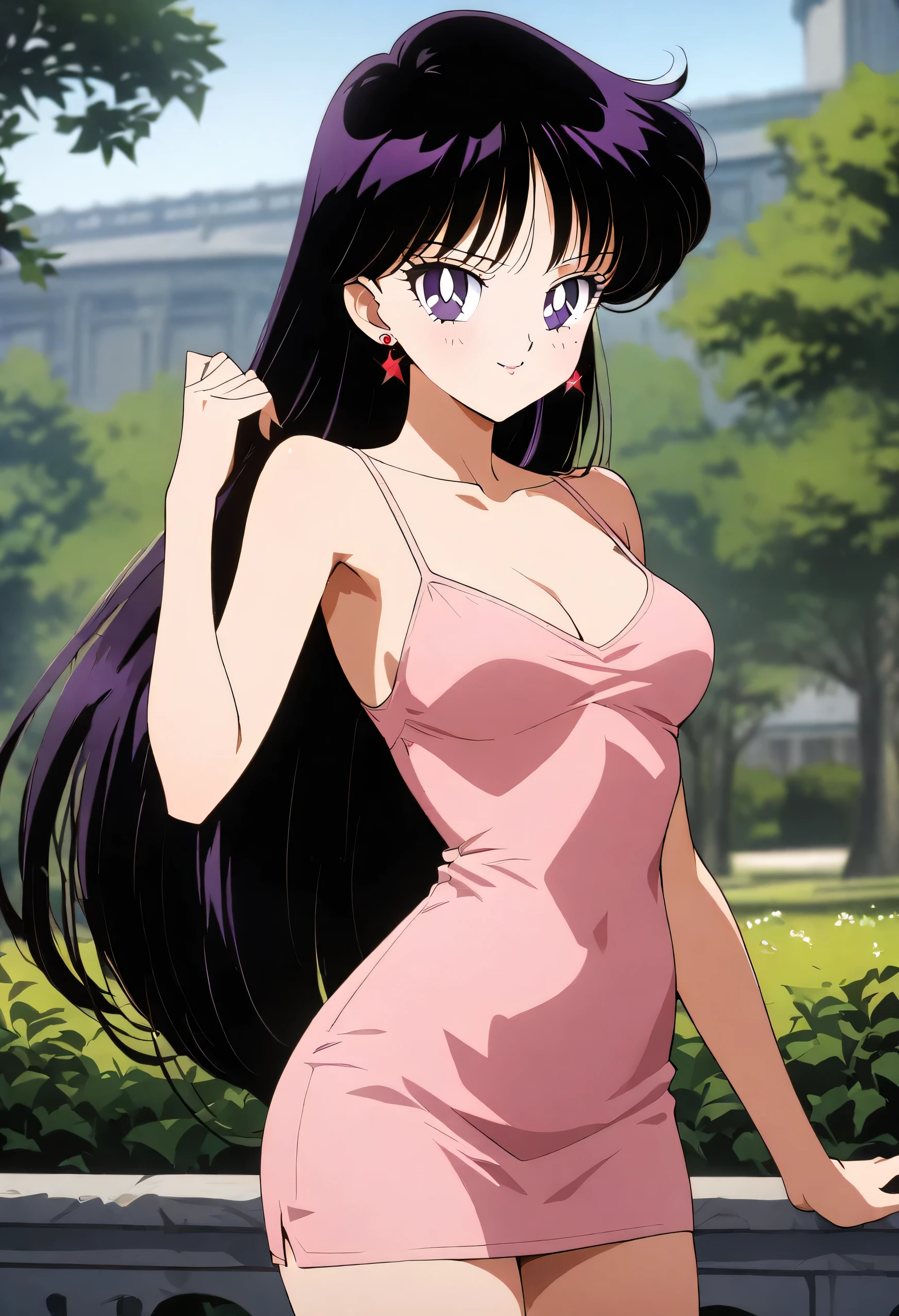 masterpiece, best quality, intricate details, 4k, aamars, long hair, black hair, earrings, standing up, collarbone, bare shoulders, taut dress, spaghetti strap, pink dress, sleeveless, seductive smile, posing, medium breast, park background, looking at viewers, cowboy shot, 1girl, solo, 1990s \(style\),