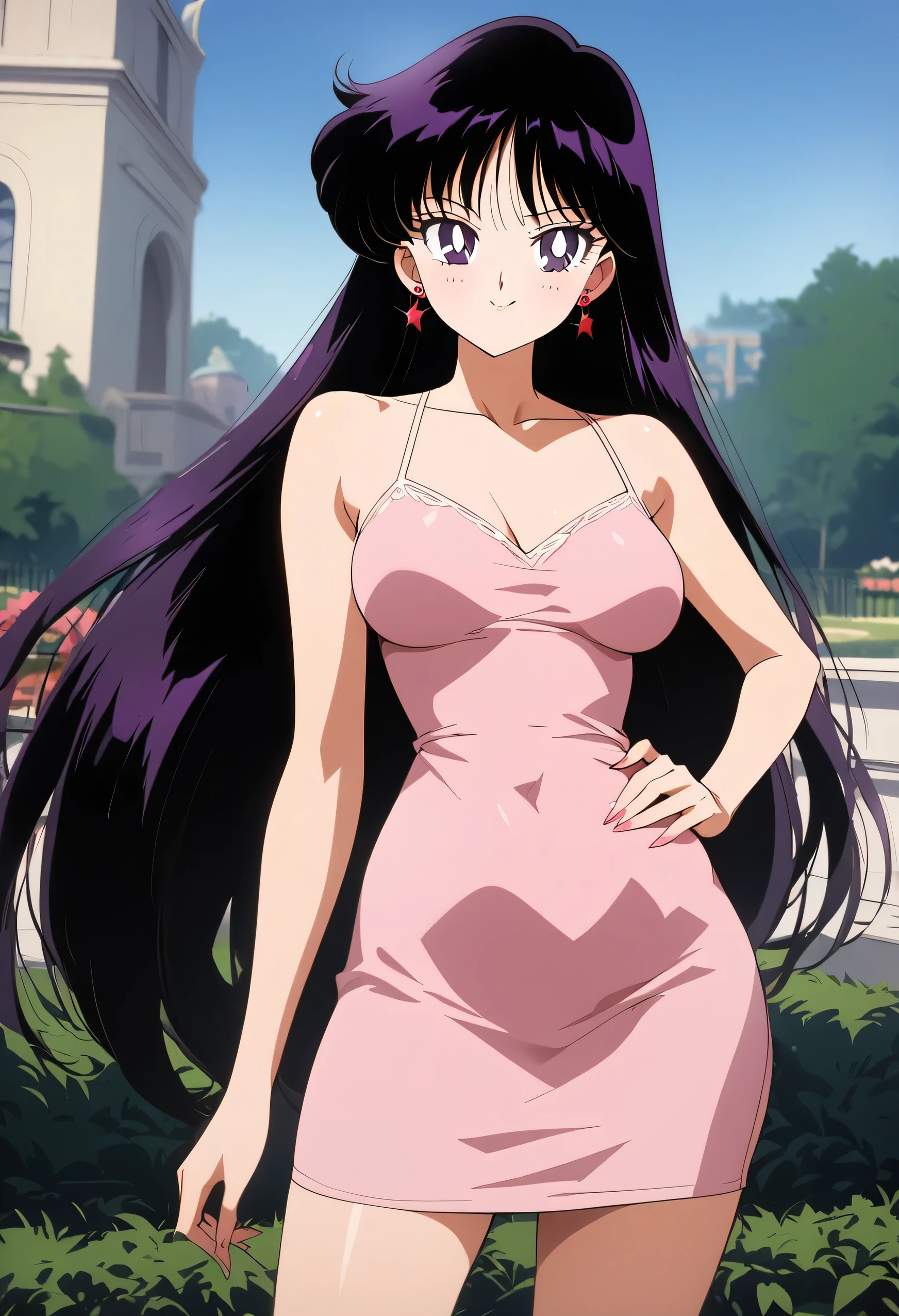 masterpiece, best quality, intricate details, 4k, aamars, long hair, black hair, earrings, standing up, collarbone, bare shoulders, taut dress, spaghetti strap, pink dress, sleeveless, seductive smile, posing, medium breast, park background, looking at viewers, cowboy shot, 1girl, solo, 1990s \(style\),