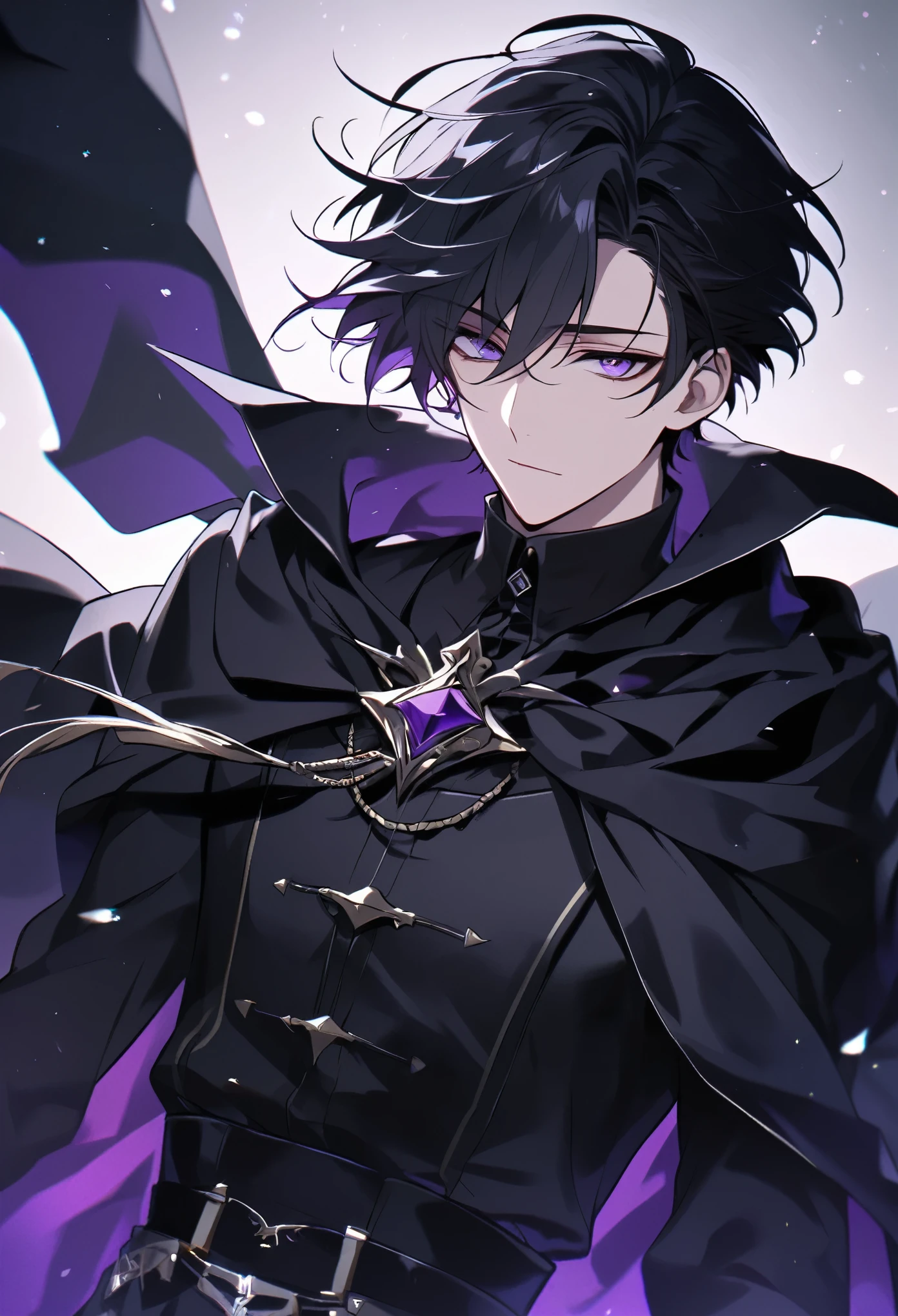 Handsome, solo, 1 male, short hair, black hair, purple eyes, black shirt, black cloak 