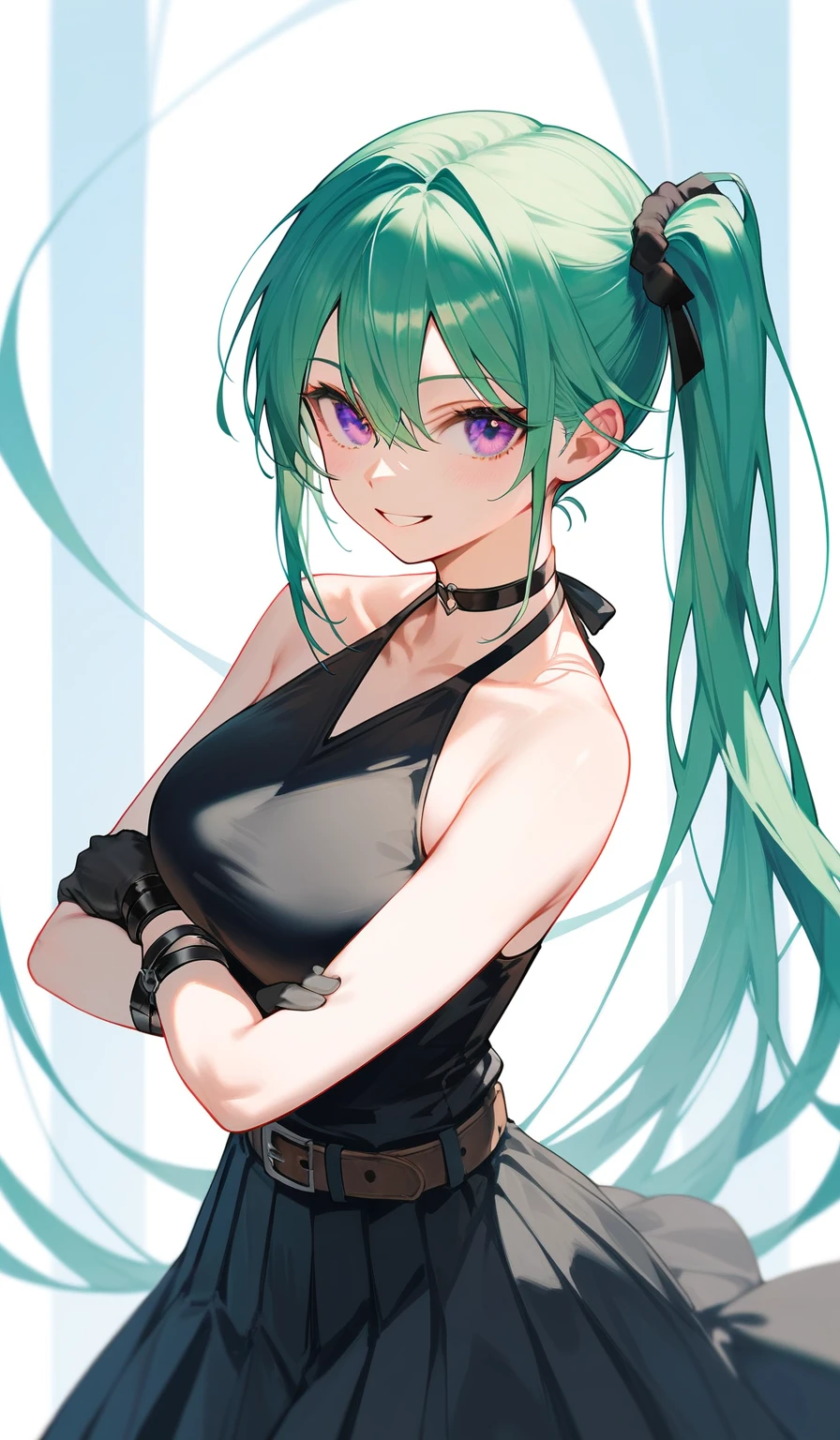 (masterpiece, The best quality at its best:1.2), Alone, One huge breasted girl, Green Hair, bangs, Hair between the eyes, Side Ponytail, Purple eyes, A light smile, Black choker, clavicle, Sleeveless, Black Dress, Sleeveless dress, Halter neck, Pleated skirt, Black gloves, belt, Black footwear,、Bust Up、Funeral of Frieren、Uber