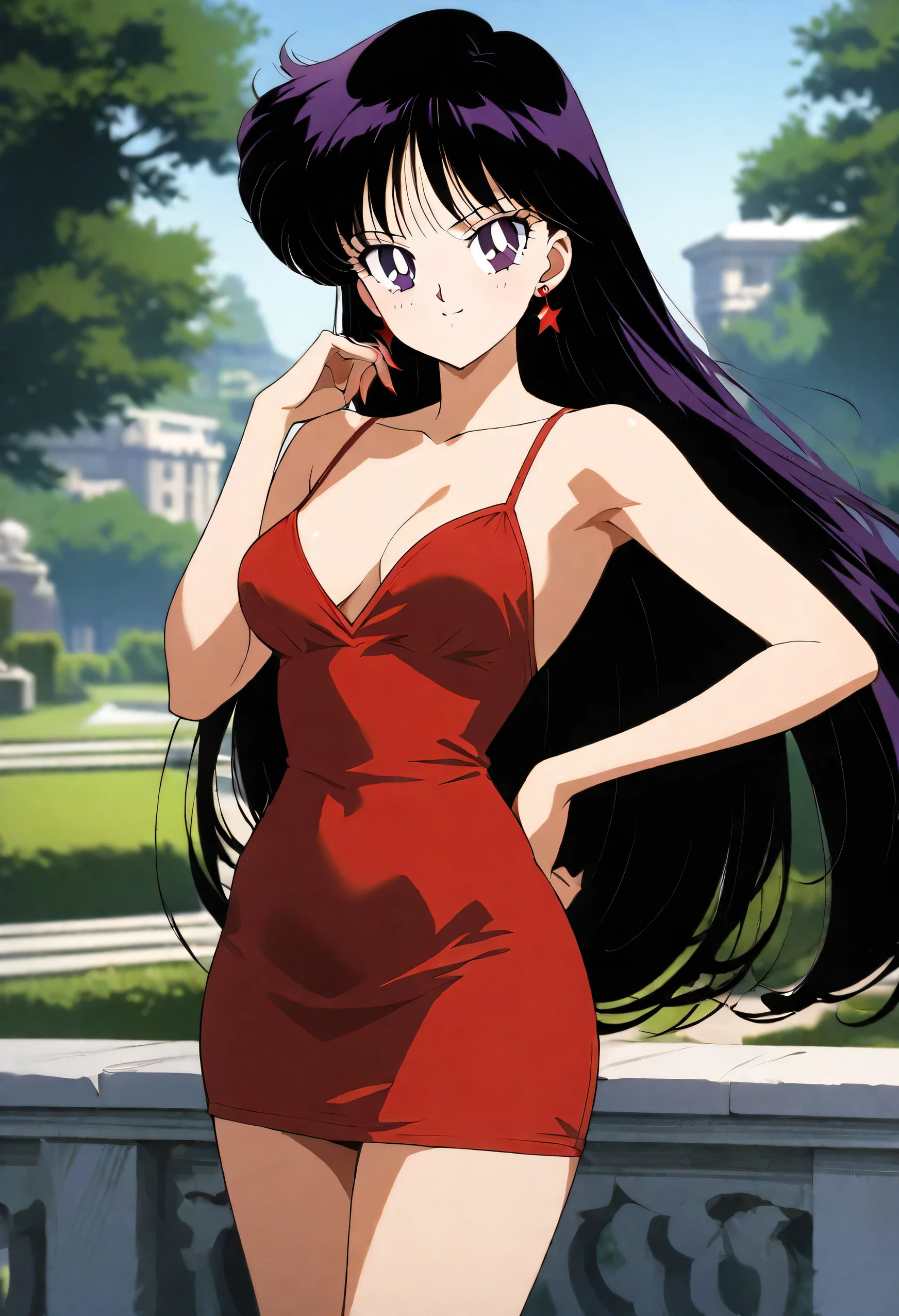 masterpiece, best quality, intricate details, 4k, aamars, long hair, black hair, earrings, standing up, collarbone, bare shoulders, taut dress, spaghetti strap, red dress, sleeveless, seductive smile, posing, medium breast, park background, looking at viewers, cowboy shot, 1girl, solo, 1990s \(style\),