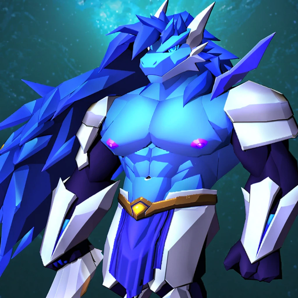 in alien field, 1male, solo, furred dragon, very long hair, sapphire hair, sapphire eyes, sapphire body, wearing sapphire latex loincloth, wearing impossible sapphire latex armor, bare pecs, nipples, n64-lowpoly style, low poly, low-poly, full body