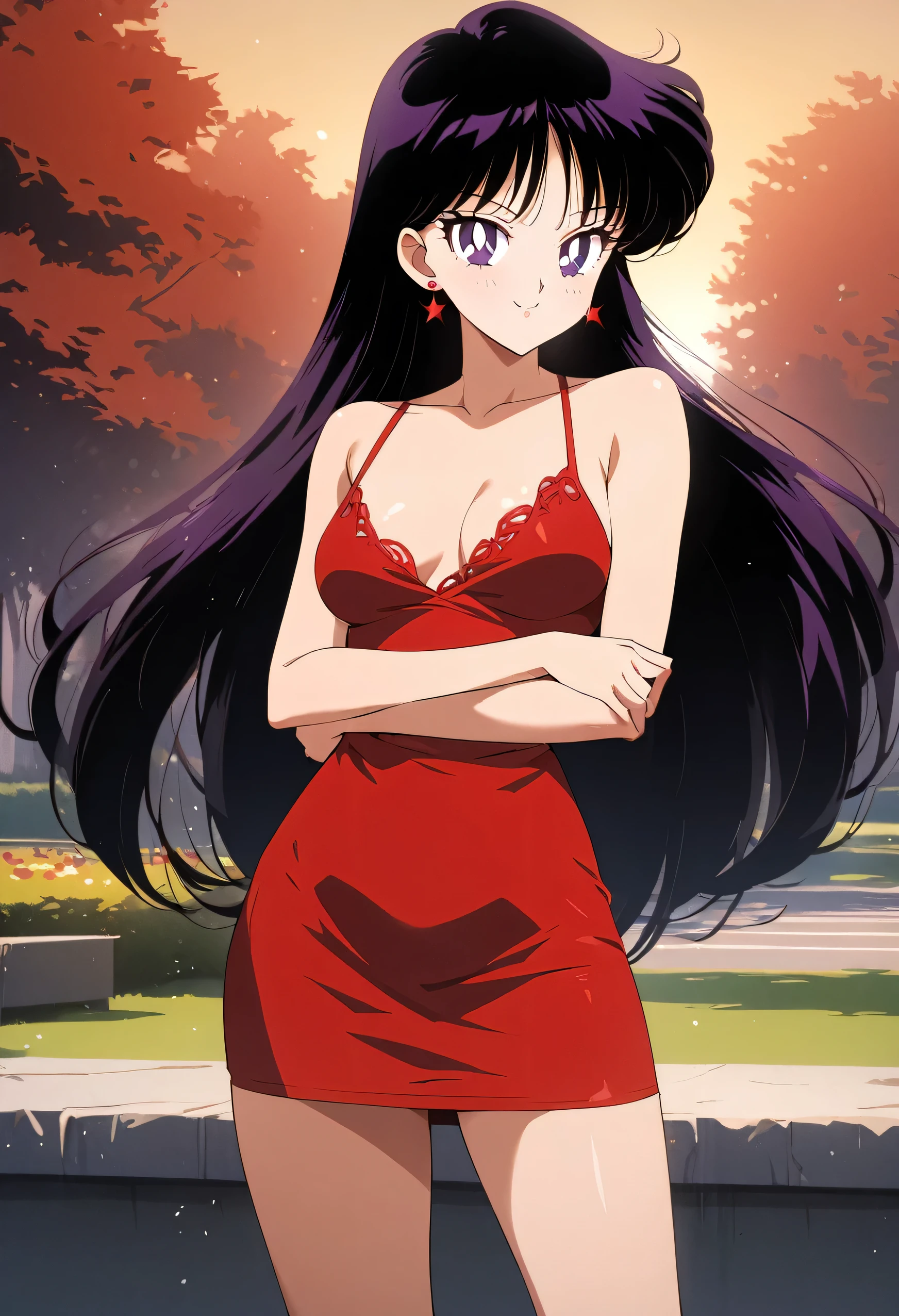 masterpiece, best quality, intricate details, 4k, aamars, long hair, black hair, earrings, standing up, collarbone, bare shoulders, taut dress, spaghetti strap, red dress, sleeveless, seductive smile, posing, medium breast, park background, looking at viewers, cowboy shot, 1girl, solo, 1990s \(style\),