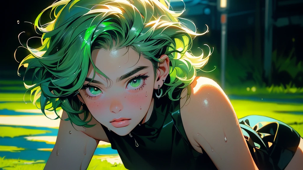 (beste-Qualit, 8K, 12), 1 girl, tatsumaki, Short Hair Hair, green hair, giant breast, the perfect body, ultra detail face, detailed lips, Slender Eyes, black dress, standingn, enticing, Excited, convex areolas, in heat, Milf, steam, Sex, trembling, orgasm, Looking Up, From directly above, ahegao, sperm on face, Wet